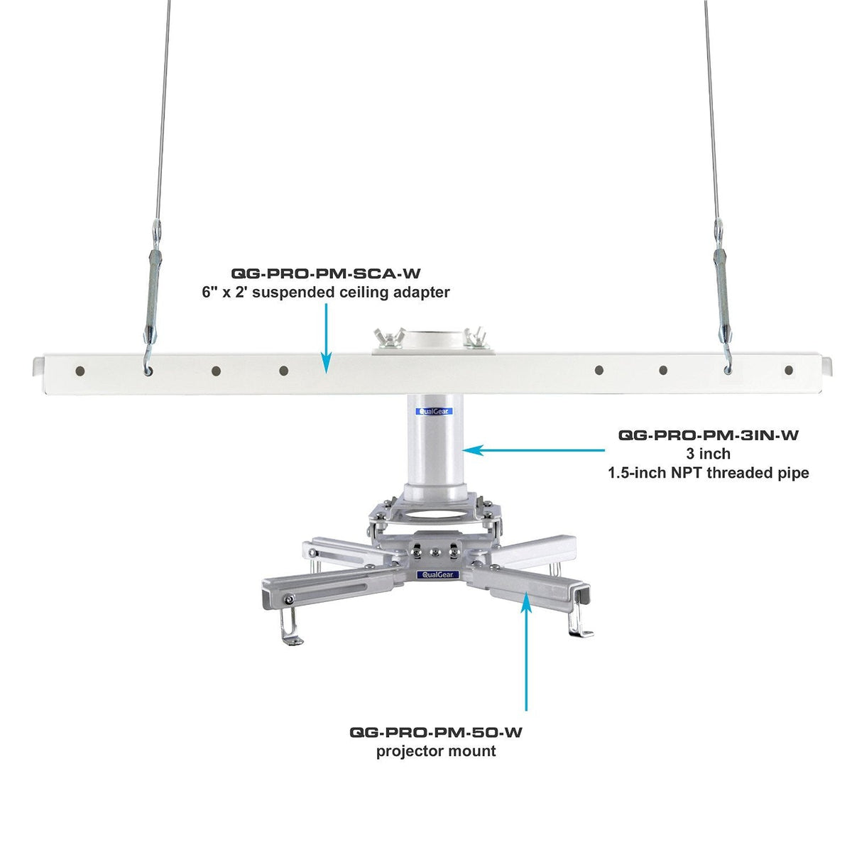QualGear drop ceiling projector mount kit 6"x2', white, shown installed.
