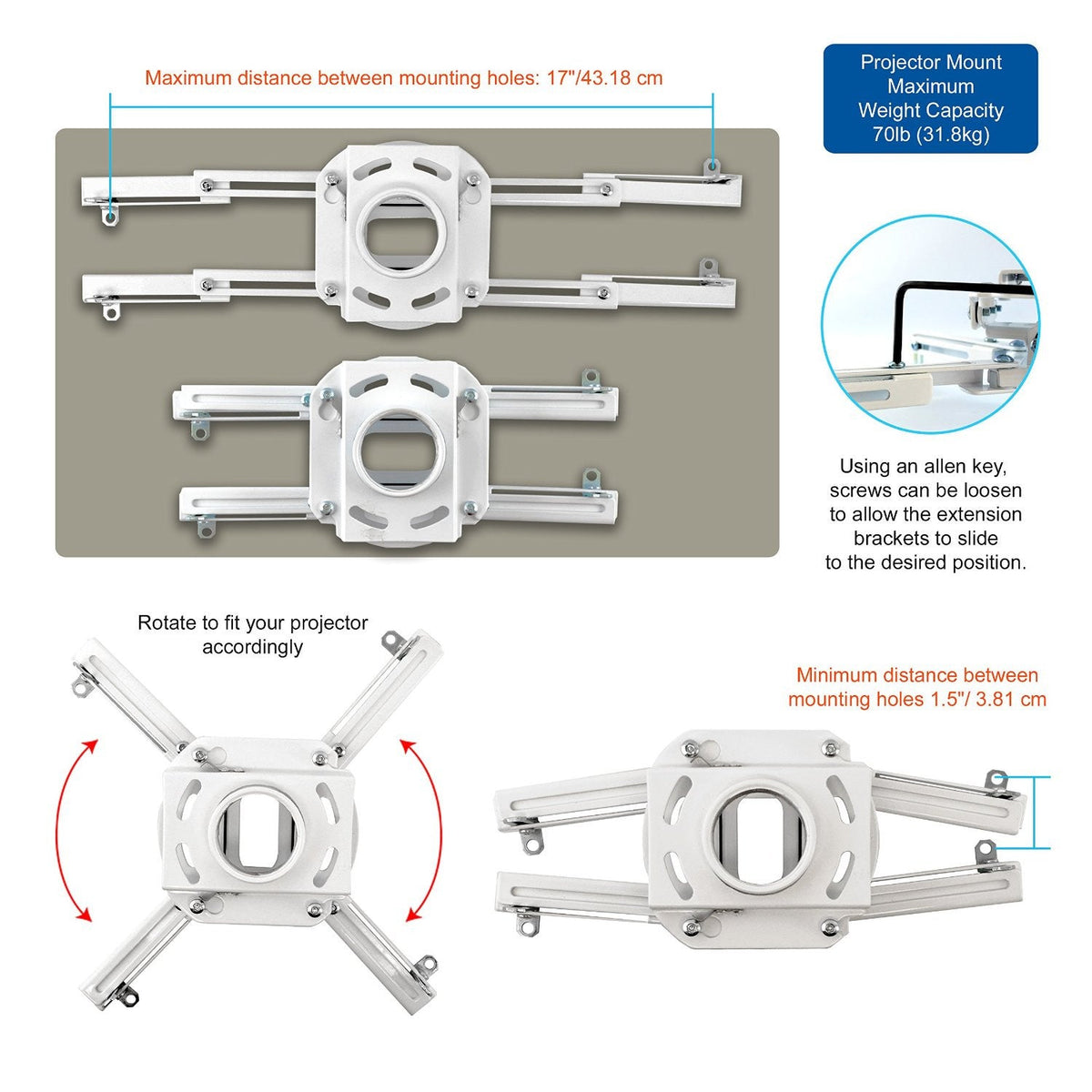QualGear drop ceiling projector mount kit 6"x2', white.