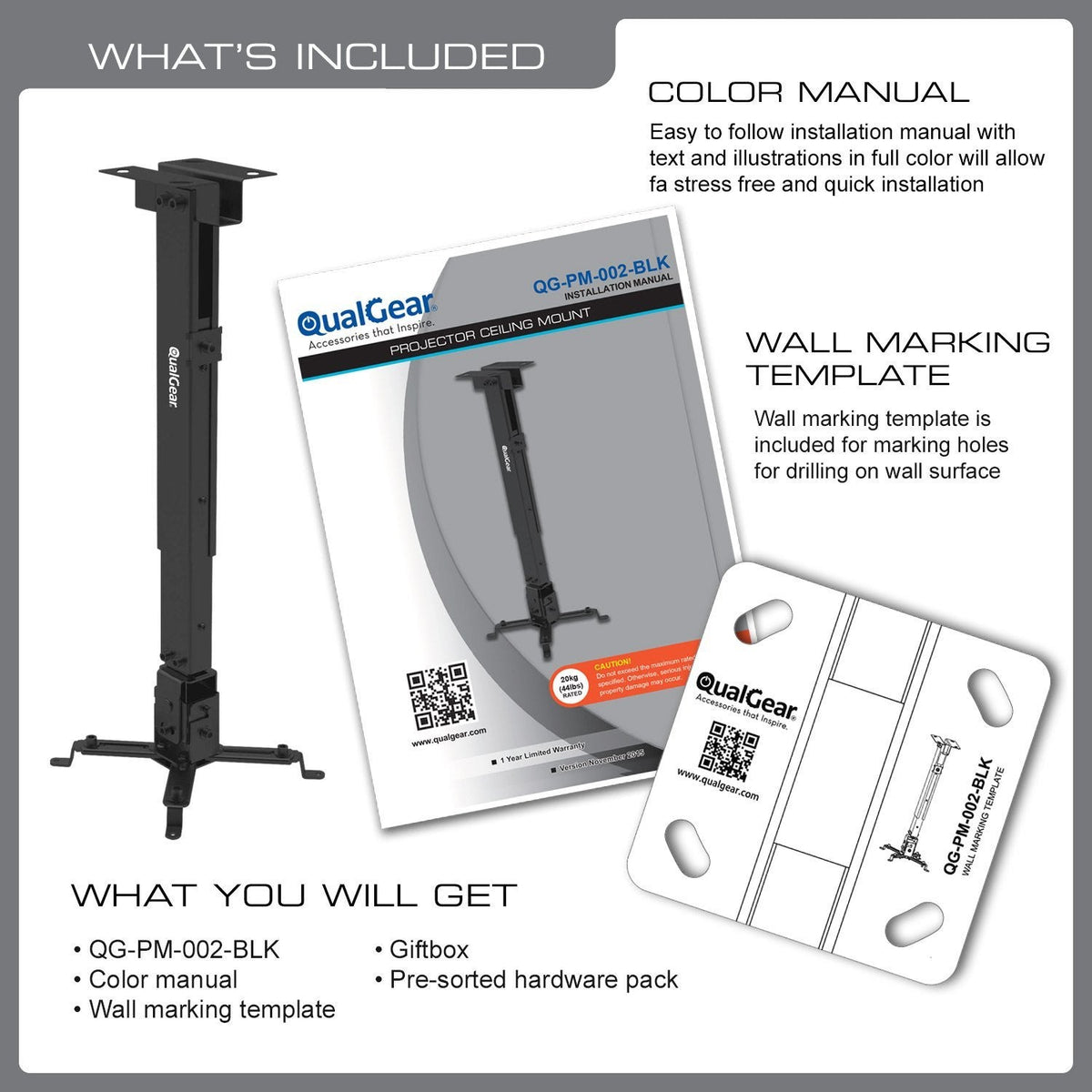 QualGear universal telescopic projector ceiling mount black.