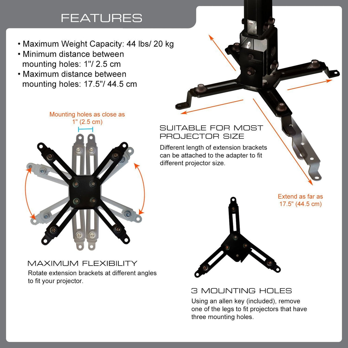QualGear universal telescopic projector ceiling mount black, shown installed.