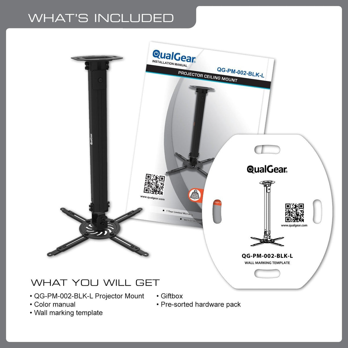 QualGear projector ceiling mount with adjustable extension column black.