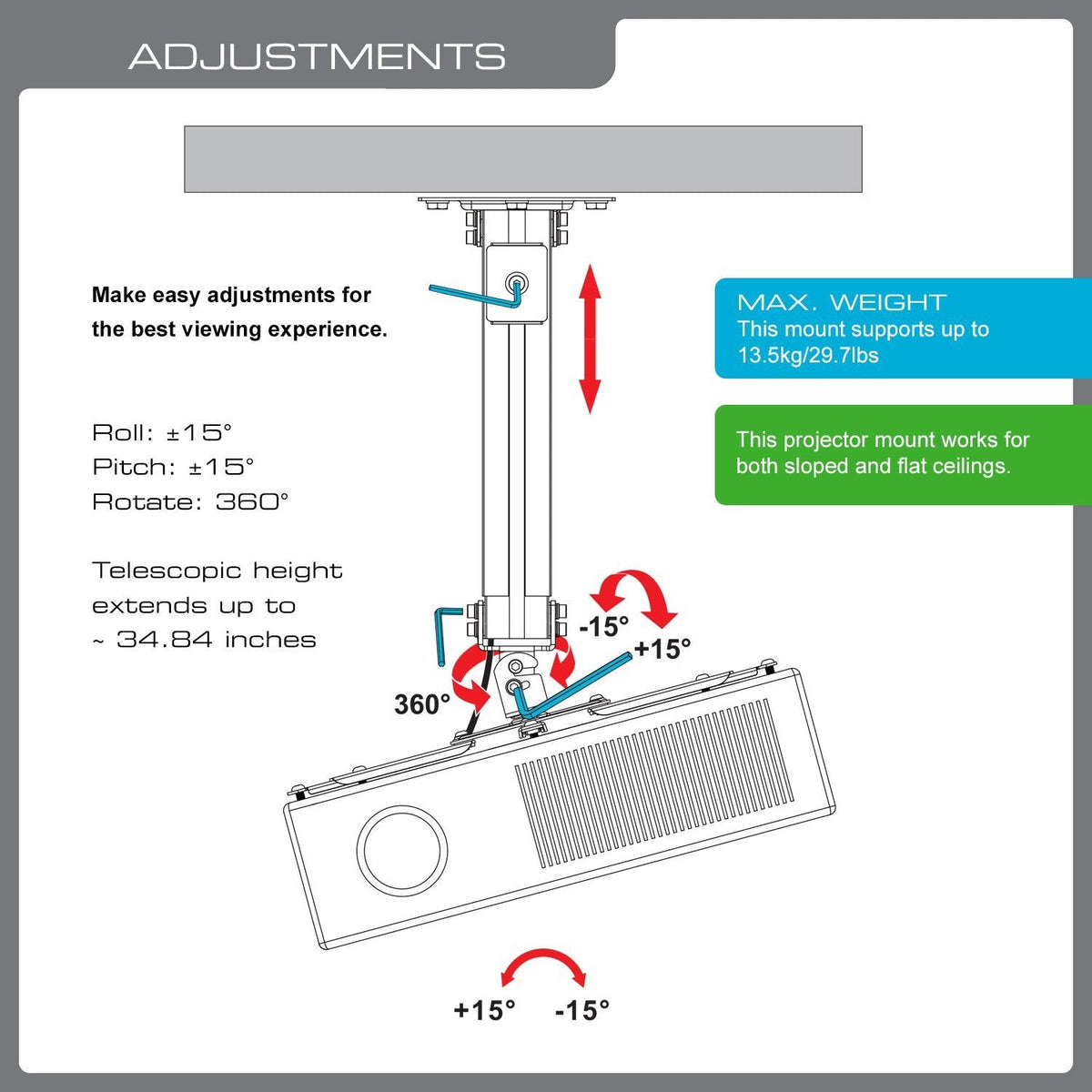 QualGear projector ceiling mount with adjustable extension column black.