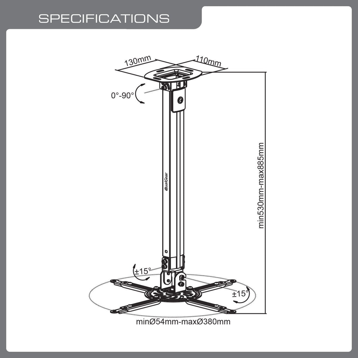 QualGear projector ceiling mount with adjustable extension column black, extension detail.
