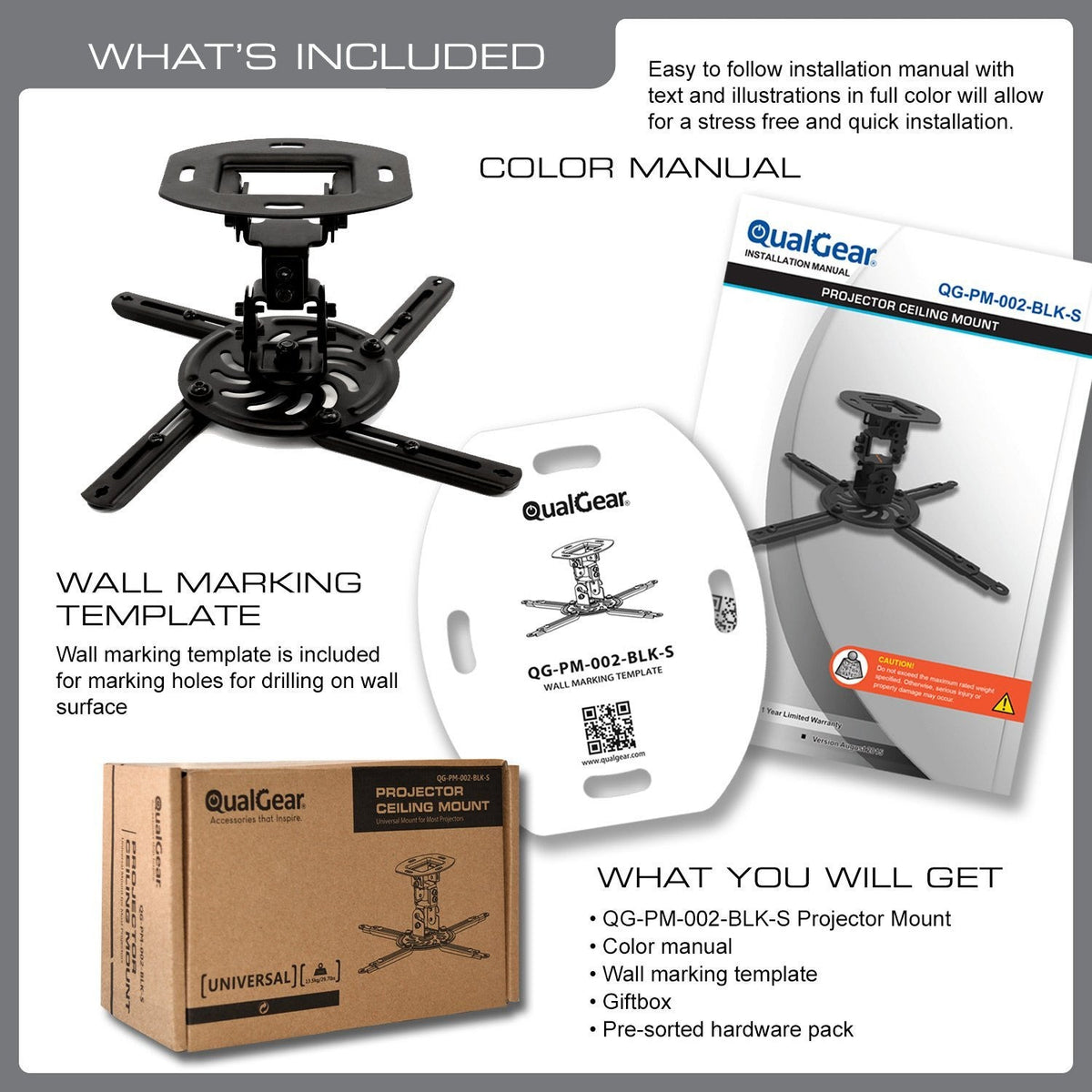 QualGear low profile projector ceiling mount short black.