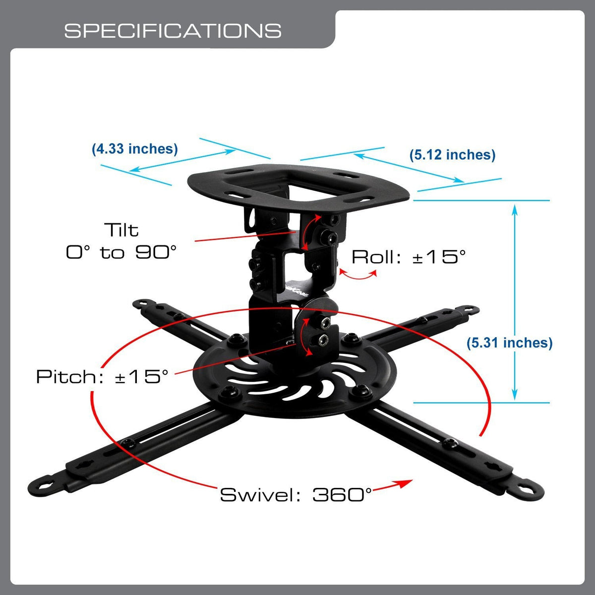 QualGear low profile projector ceiling mount short black, with dimensions.