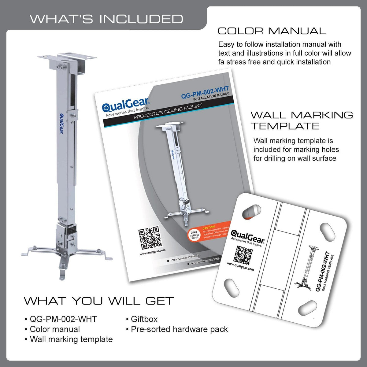 QualGear universal telescopic projector ceiling mount white.