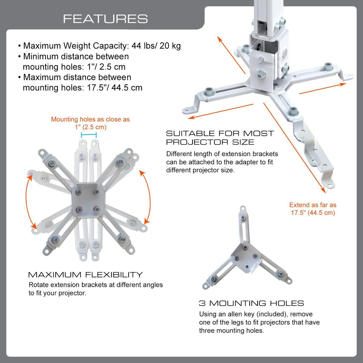 QualGear universal telescopic projector ceiling mount white.