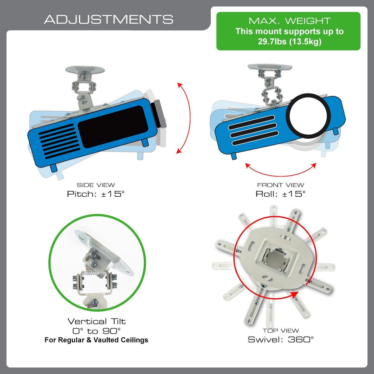 QualGear low profile projector ceiling mount short white, showing tilt range.