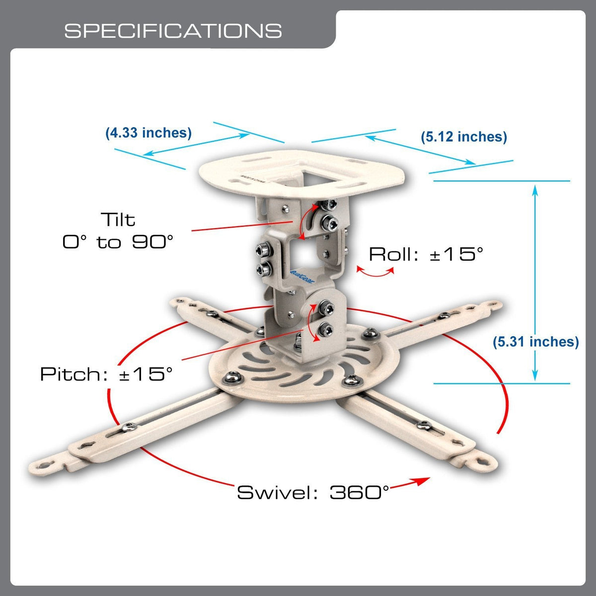QualGear low profile projector ceiling mount short white, with dimensions.