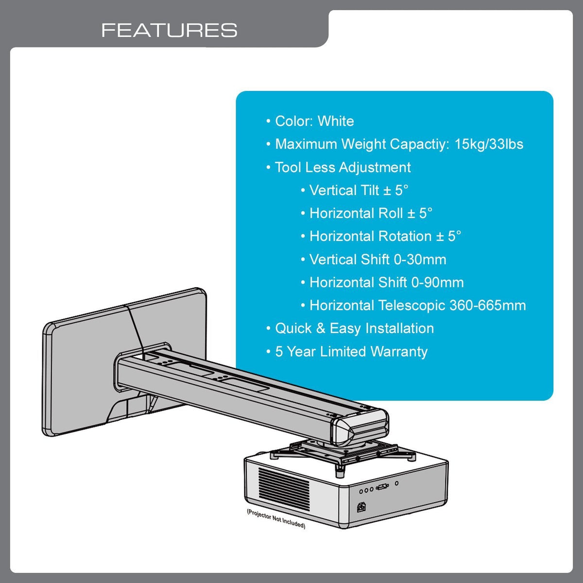QualGear projector wall mount with fine tune adjustments white.