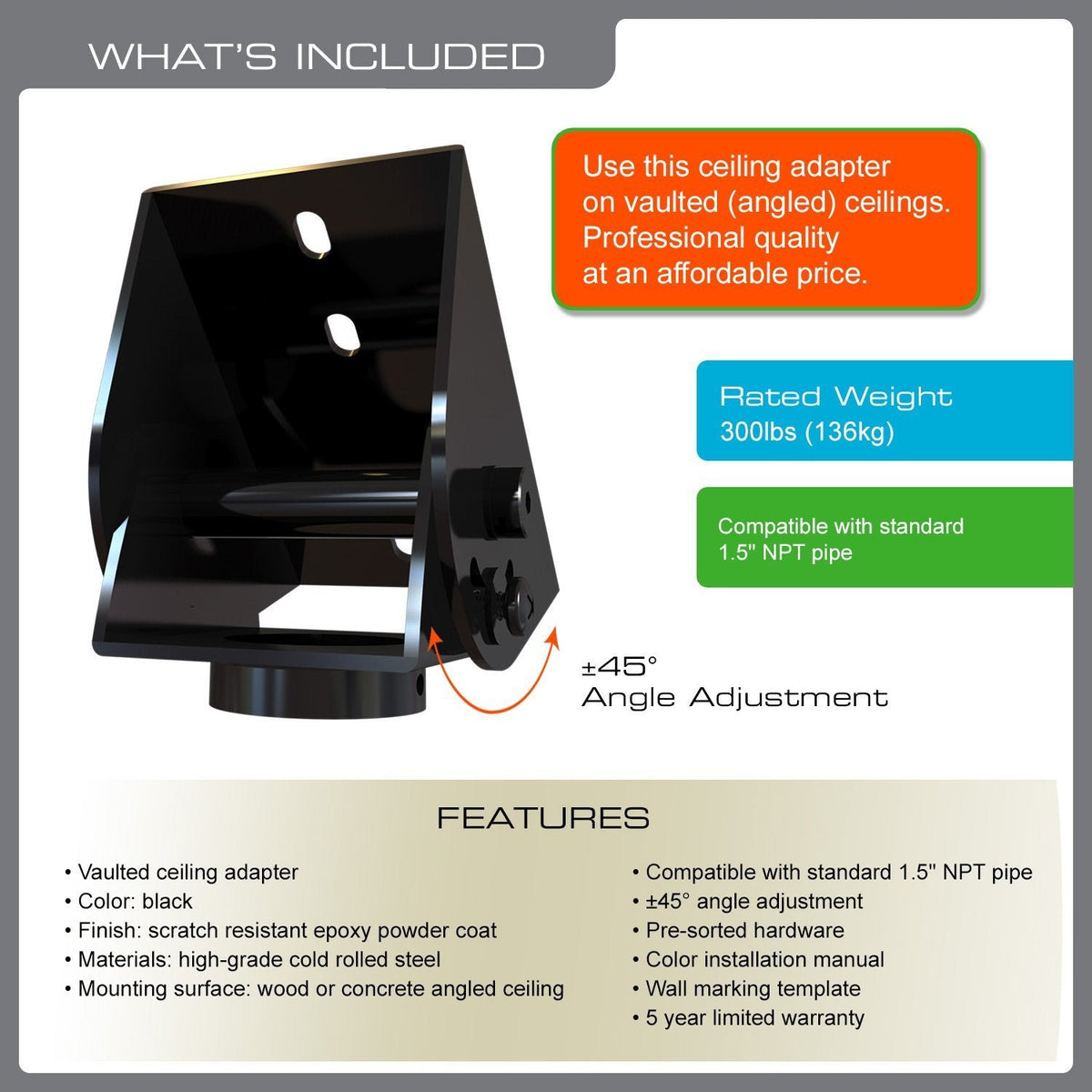 QualGear sloped ceiling adapter black qg-pro-pm-vca-b.
