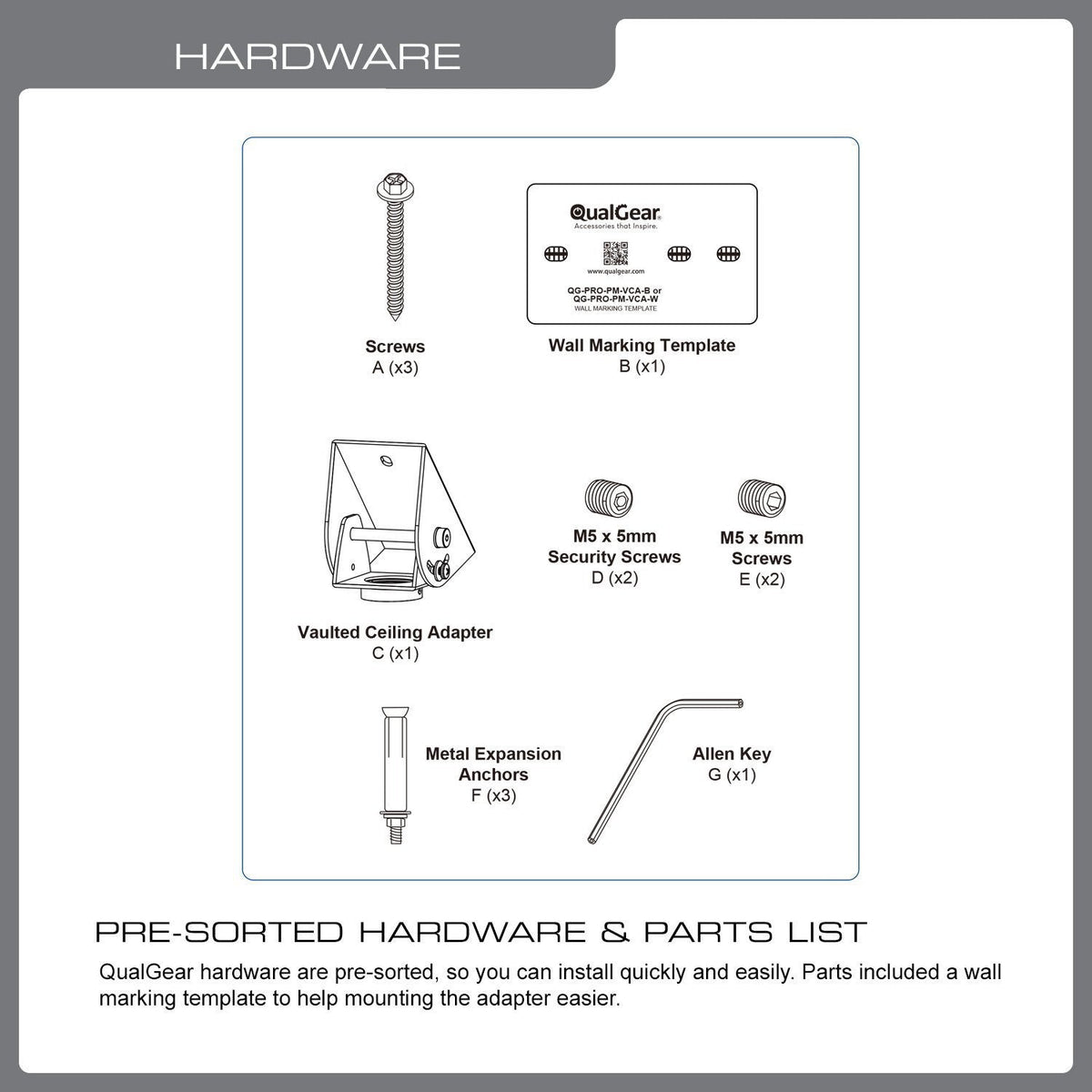 QualGear sloped ceiling adapter black qg-pro-pm-vca-b, with included hardware.