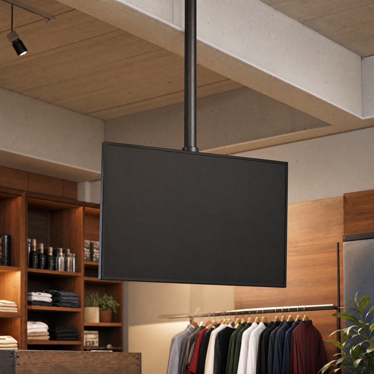 QualGear 1.5 in NPT TV Ceiling Mount for 32-55 in TVs, VESA 400x400 in use, lifestyle view