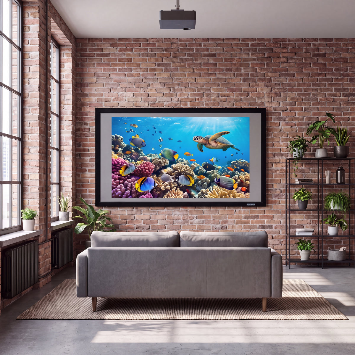 QualGear 100-inch 16:9 fixed frame projector screen, high contrast gray 0.9 gain surface, wall-mounted and in use with a projected image.
