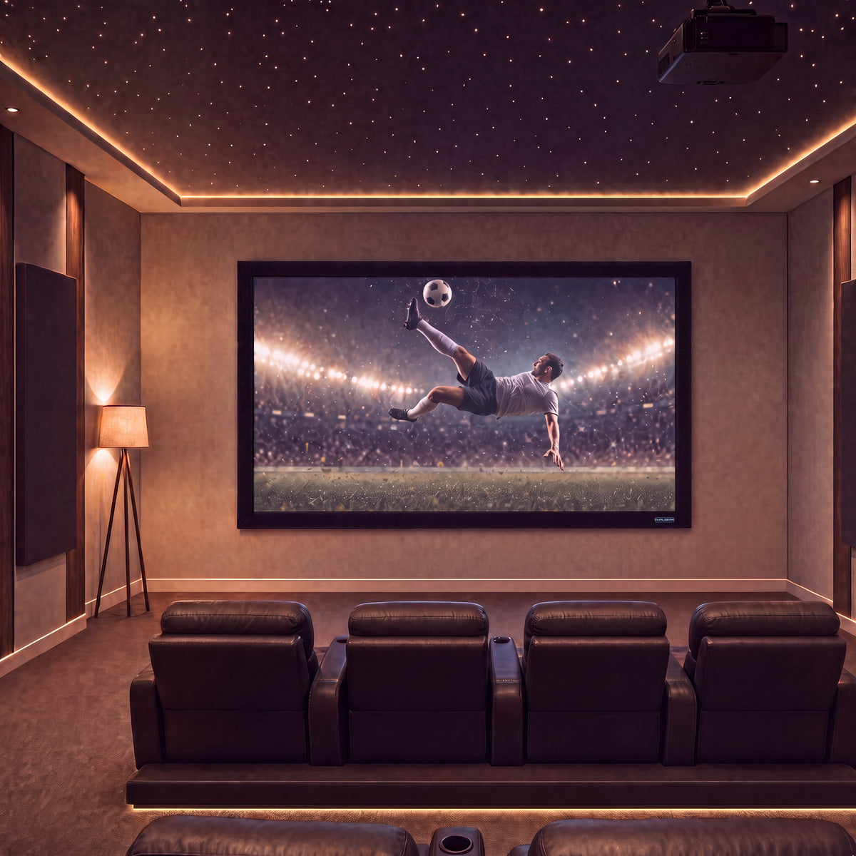 QualGear 100-inch 16:9 fixed frame projector screen, high reflective silver 2.5 gain surface, shown front-on with its black velvet border.