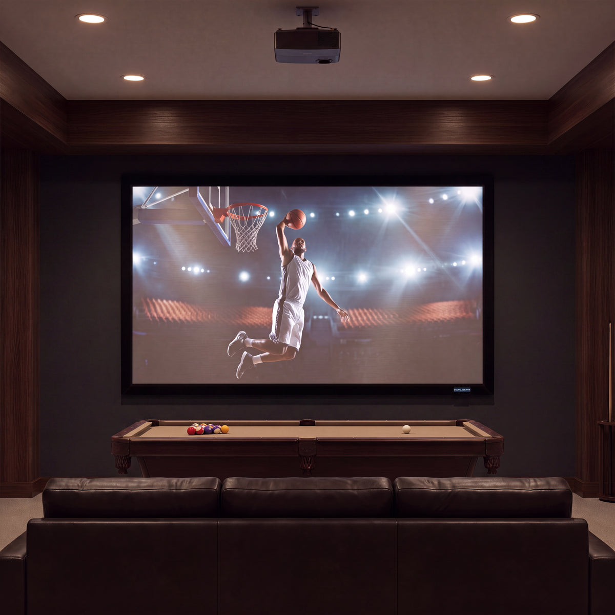 QualGear 100-inch 16:9 fixed frame projector screen, high reflective silver 2.5 gain surface, wall-mounted and in use with a projected image.