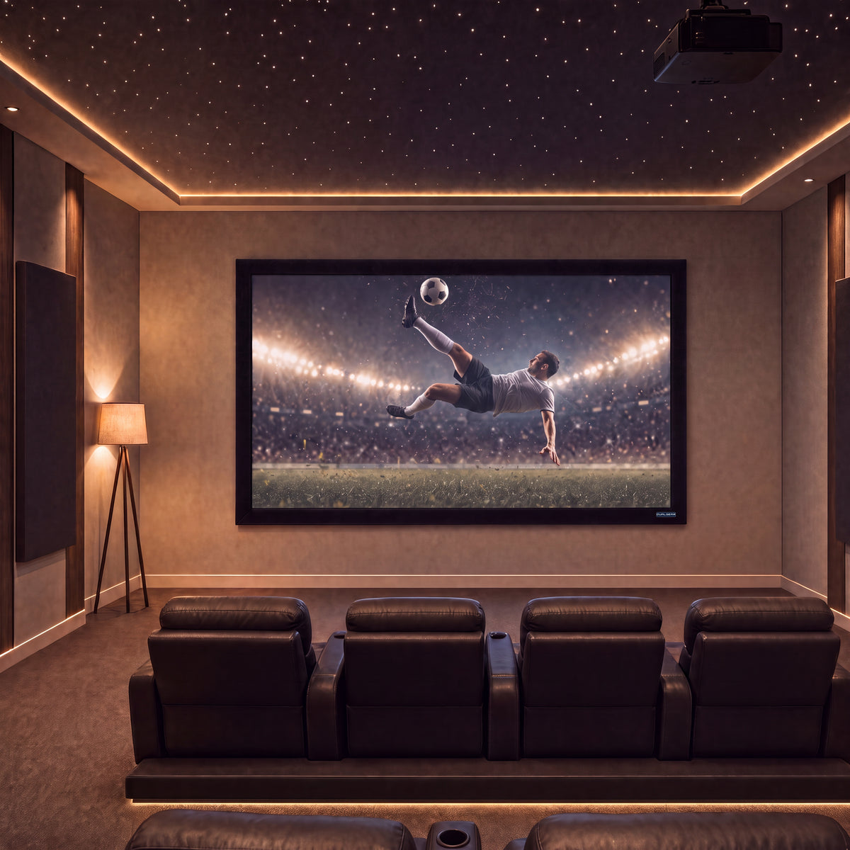 QualGear 100-inch 16:9 fixed frame projector screen, 4k hd ultra white 1.2 gain surface, shown front-on with its black velvet border.