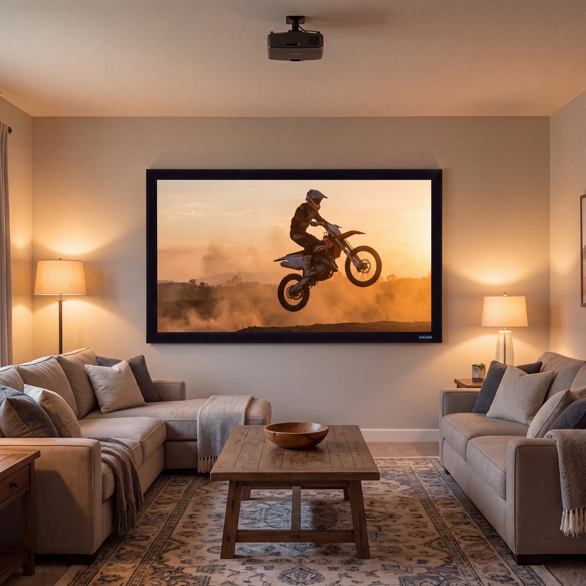 QualGear 100-inch 16:9 fixed frame projector screen, 4k hd ultra white 1.2 gain surface, wall-mounted and in use with a projected image.