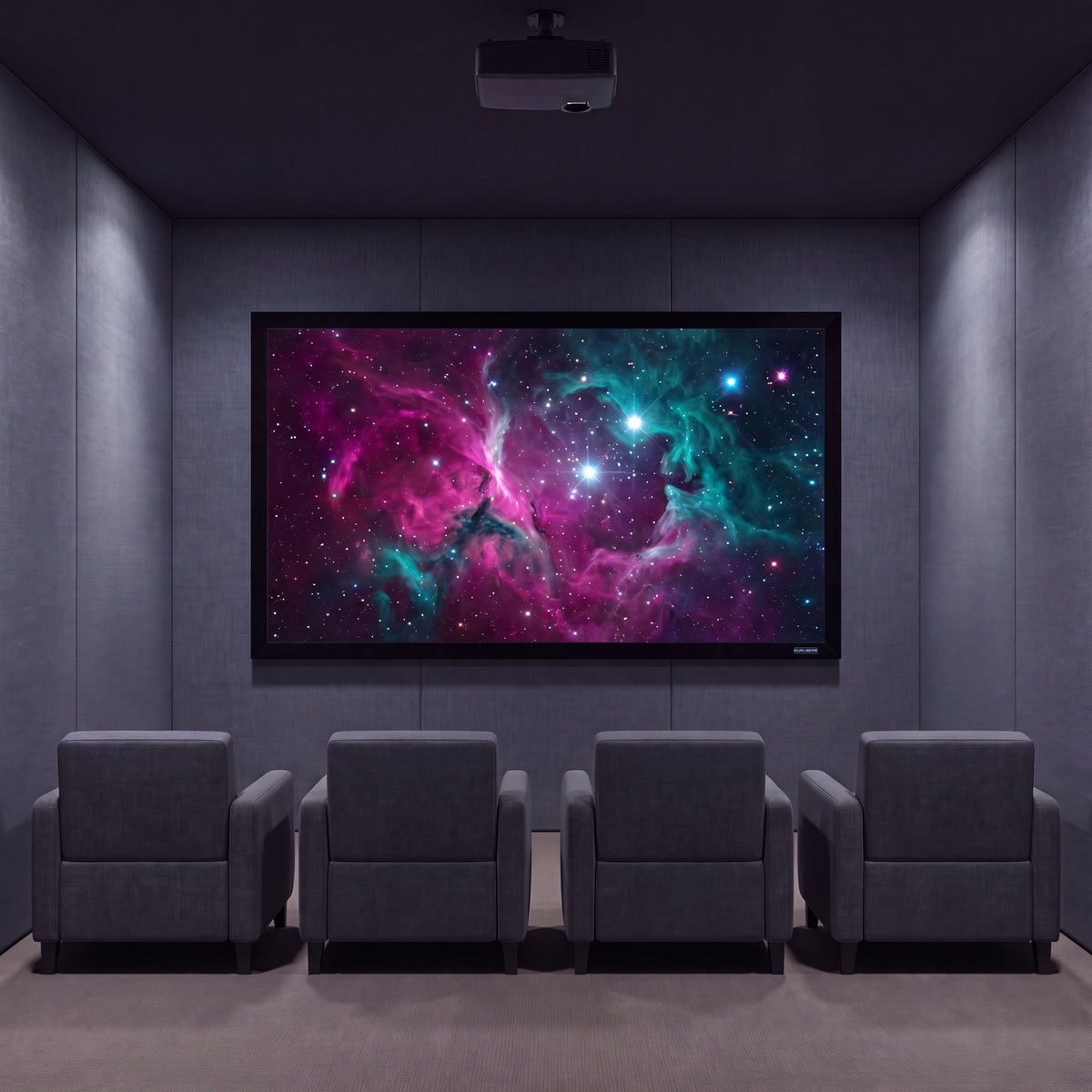 QualGear 110-inch 16:9 fixed frame projector screen, high reflective silver 2.5 gain surface, wall-mounted and in use with a projected image.