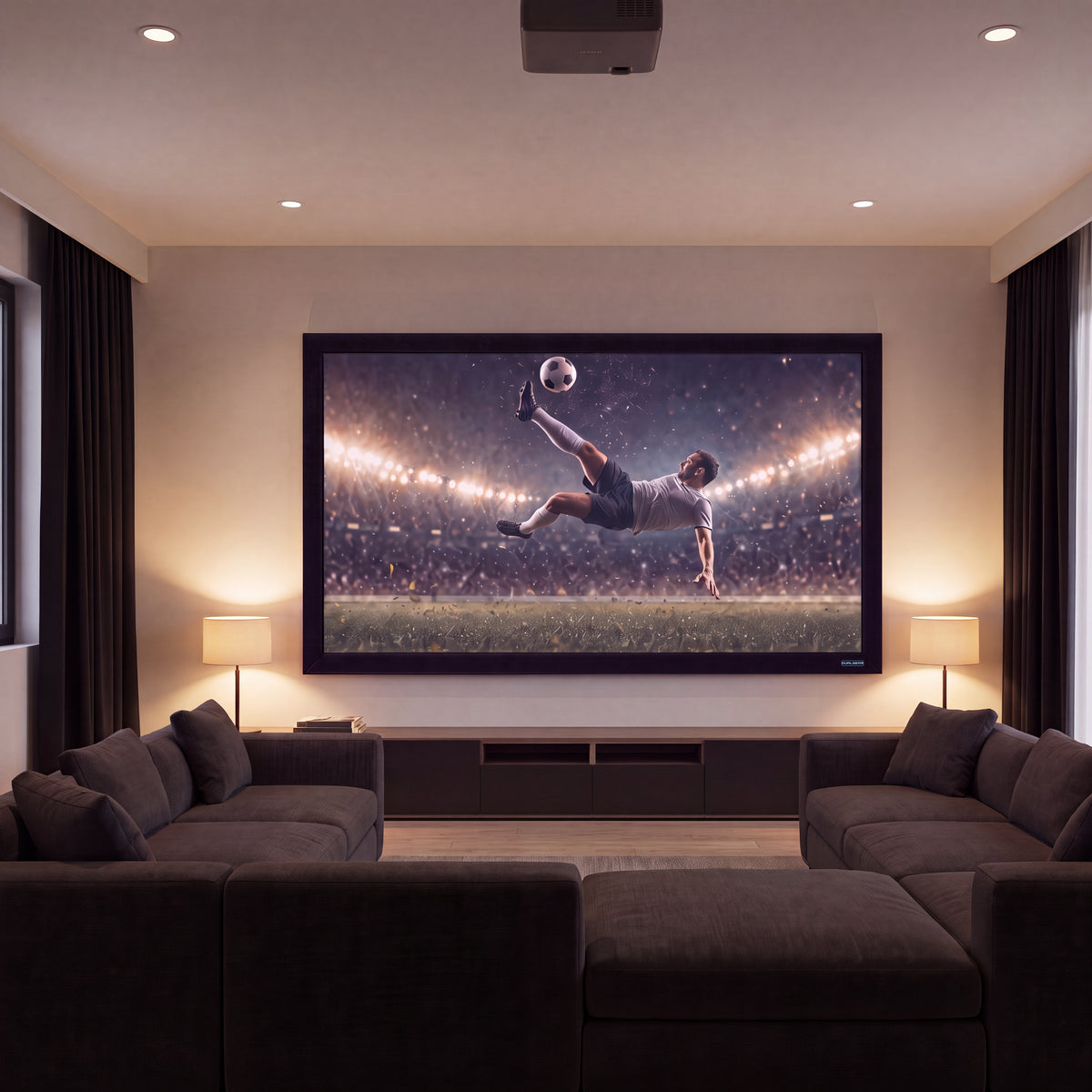QualGear 110-inch 16:9 fixed frame projector screen, 4k hd ultra white 1.2 gain surface, wall-mounted and in use with a projected image.
