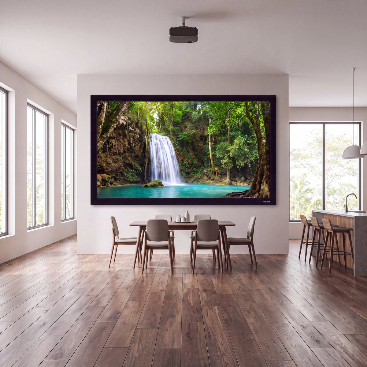 QualGear 120-inch 16:9 fixed frame projector screen, high contrast gray 0.9 gain surface, wall-mounted and in use with a projected image.