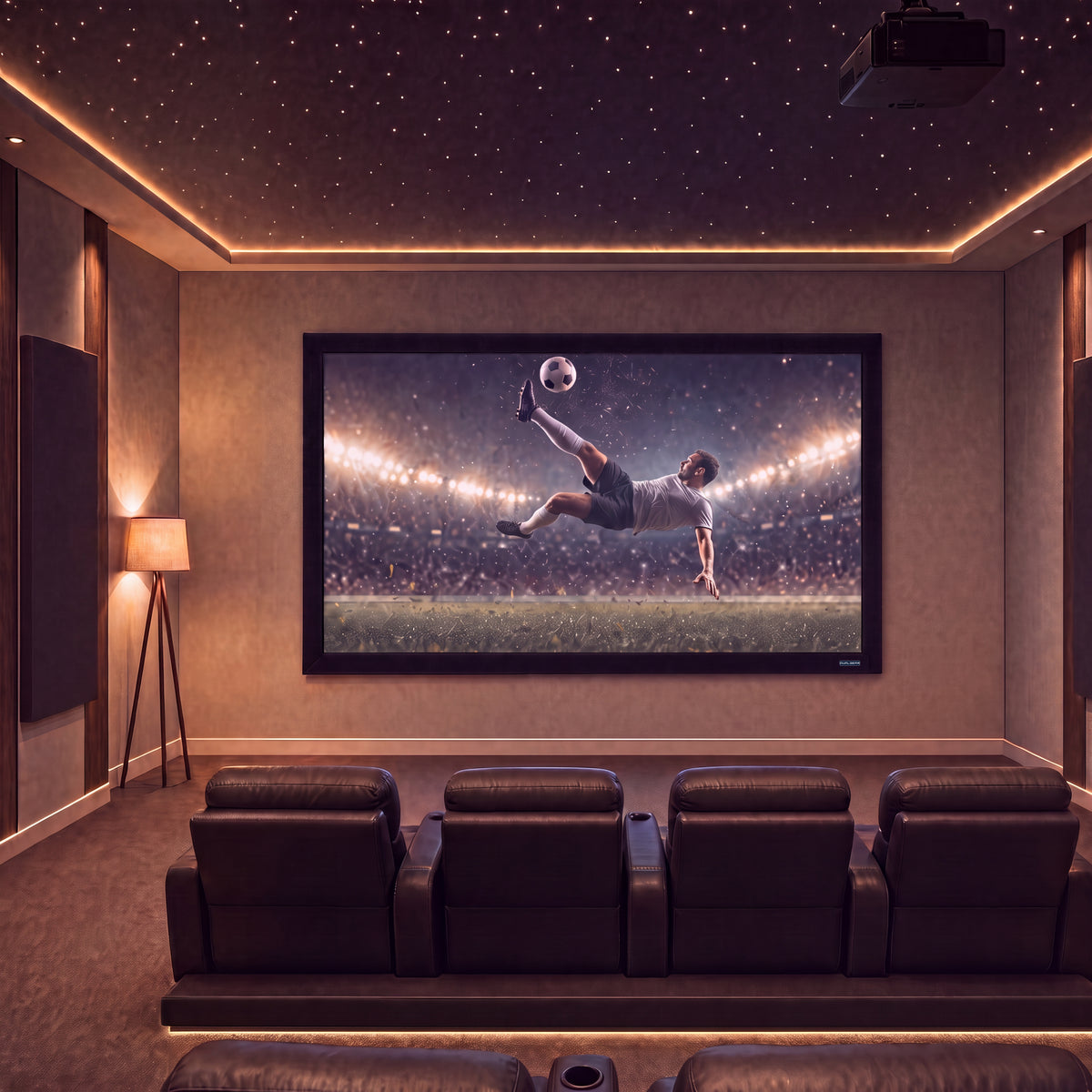 QualGear 120-inch 16:9 fixed frame projector screen, high reflective silver 2.5 gain surface, shown front-on with its black velvet border.