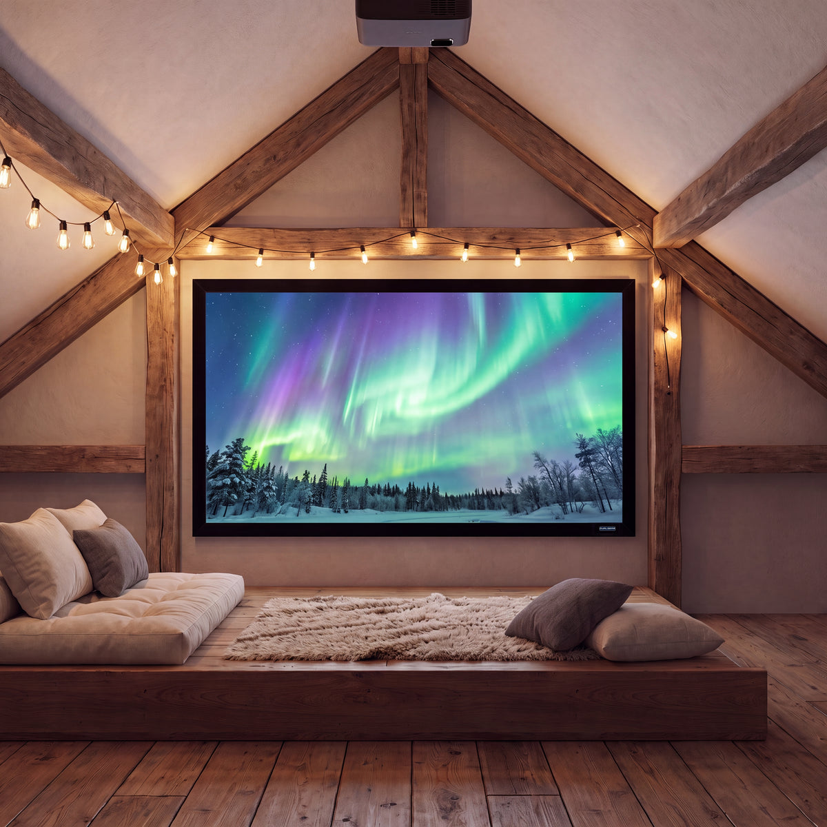 QualGear 120-inch 16:9 fixed frame projector screen, high reflective silver 2.5 gain surface, wall-mounted and in use with a projected image.