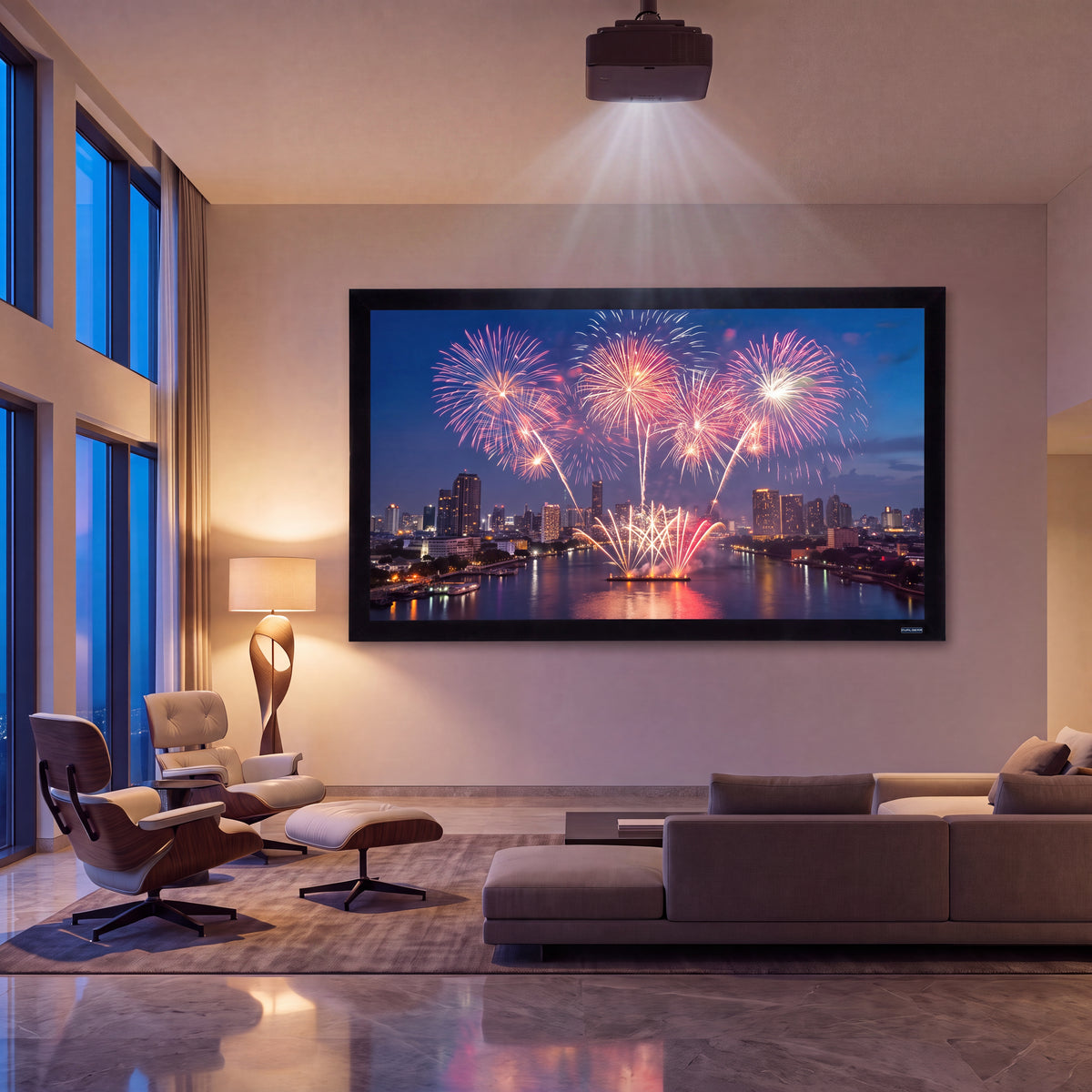 QualGear 120-inch 16:9 fixed frame projector screen, 4k hd ultra white 1.2 gain surface, wall-mounted and in use with a projected image.