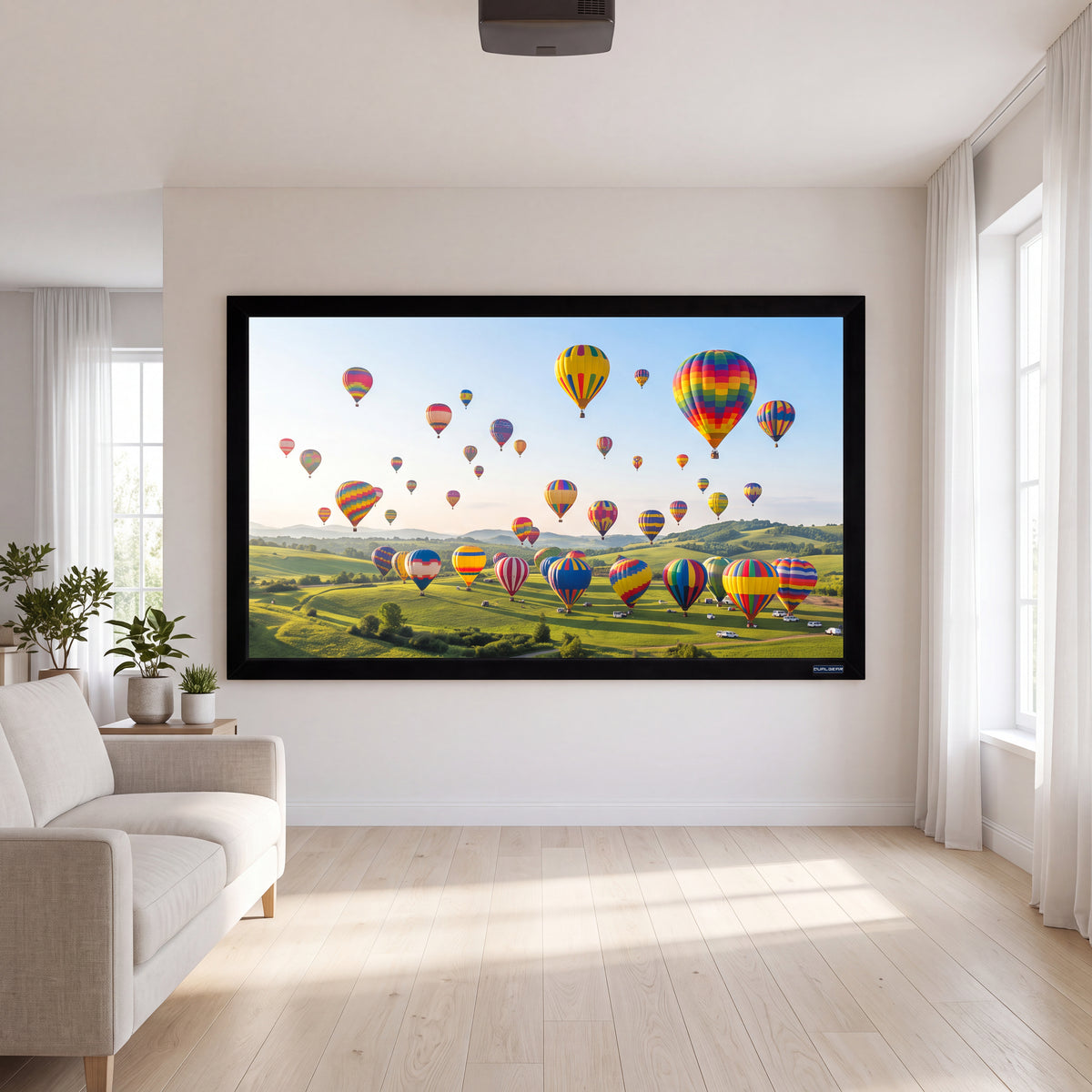 QualGear 92-inch 16:9 fixed frame projector screen, high contrast gray 0.9 gain surface, wall-mounted and in use with a projected image.
