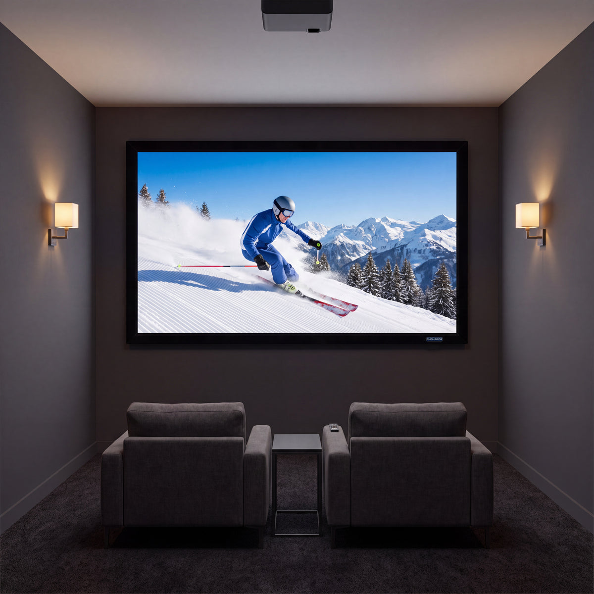QualGear 92-inch 16:9 fixed frame projector screen, high reflective silver 2.5 gain surface, wall-mounted and in use with a projected image.