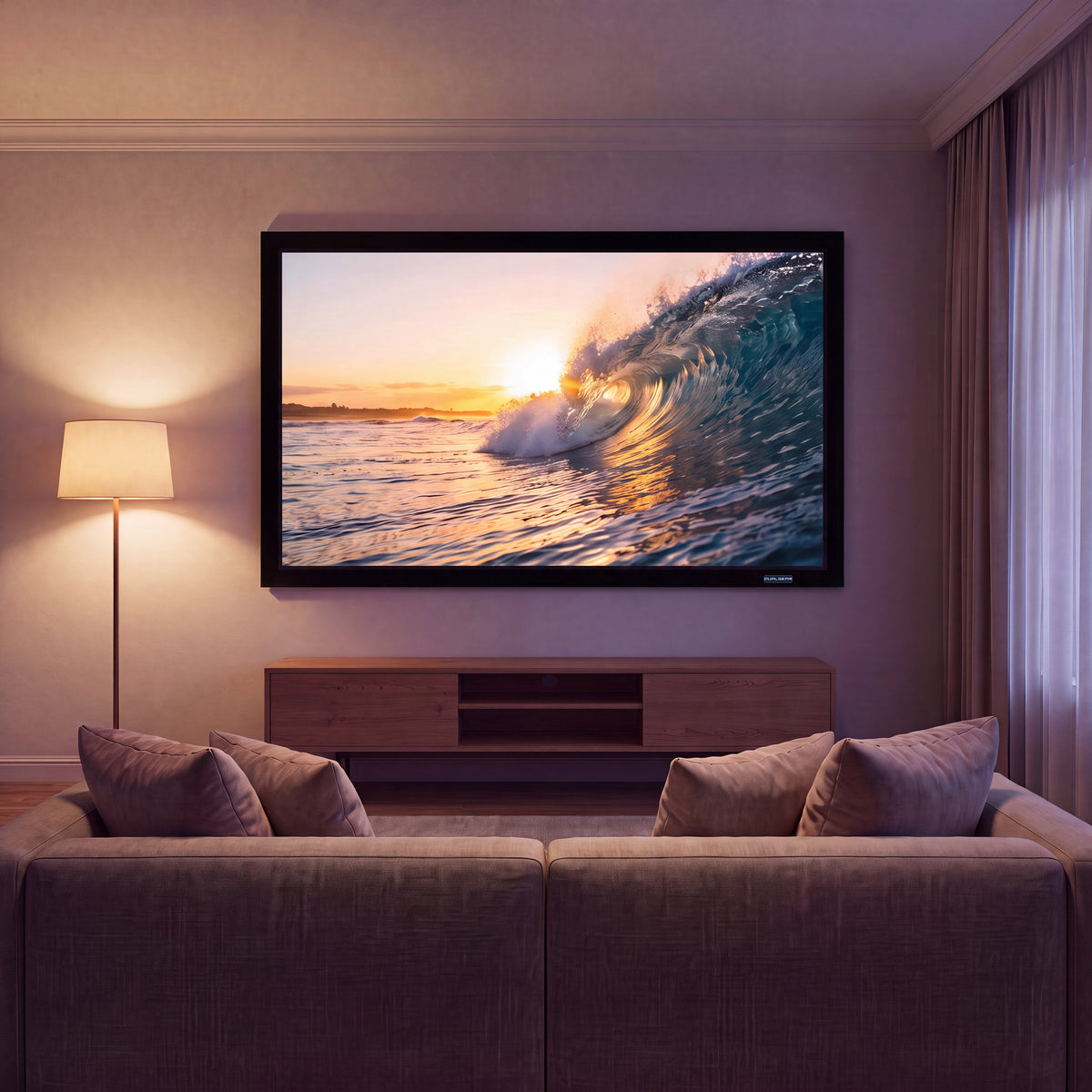 QualGear 92-inch 16:9 fixed frame projector screen, 4k hd ultra white 1.2 gain surface, wall-mounted and in use with a projected image.