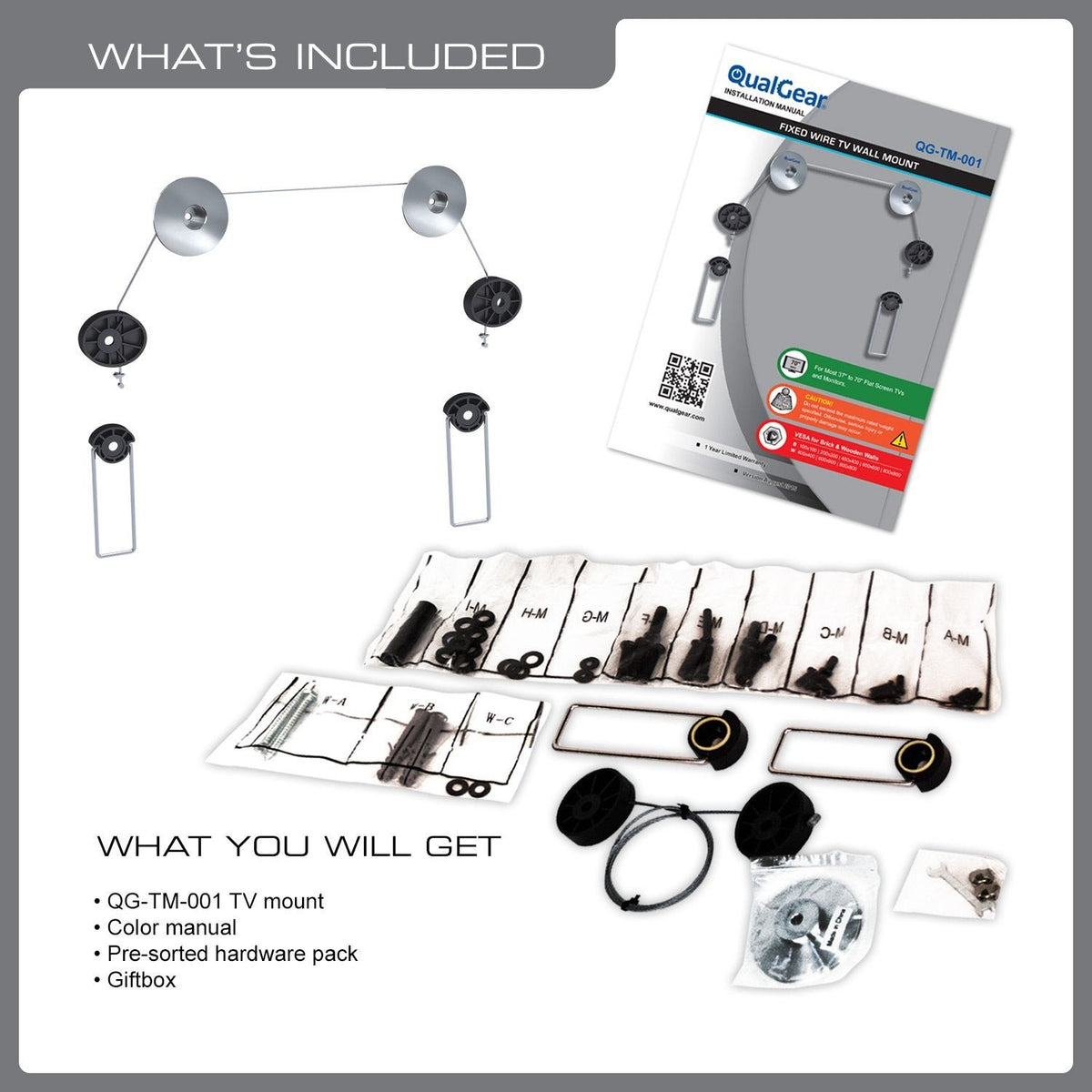 QualGear 37-70 in fixed wire rope tv wall mount stainless steel, with included hardware.