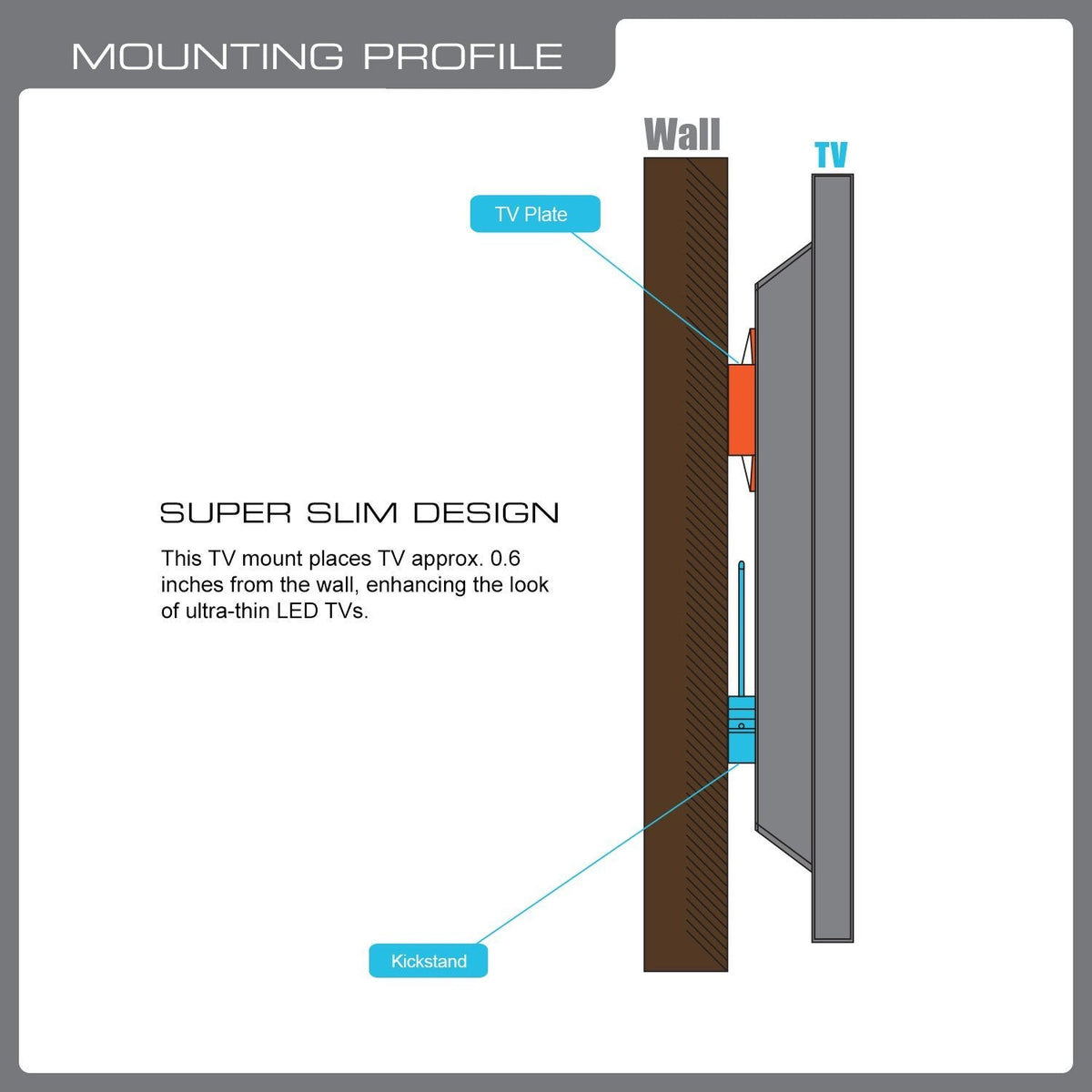 QualGear 37-70 in fixed wire rope tv wall mount stainless steel, with dimensions.