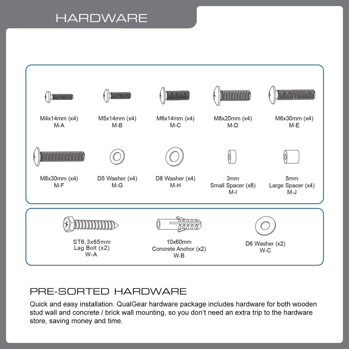 QualGear 37-70 in fixed wire rope tv wall mount stainless steel, with included hardware.