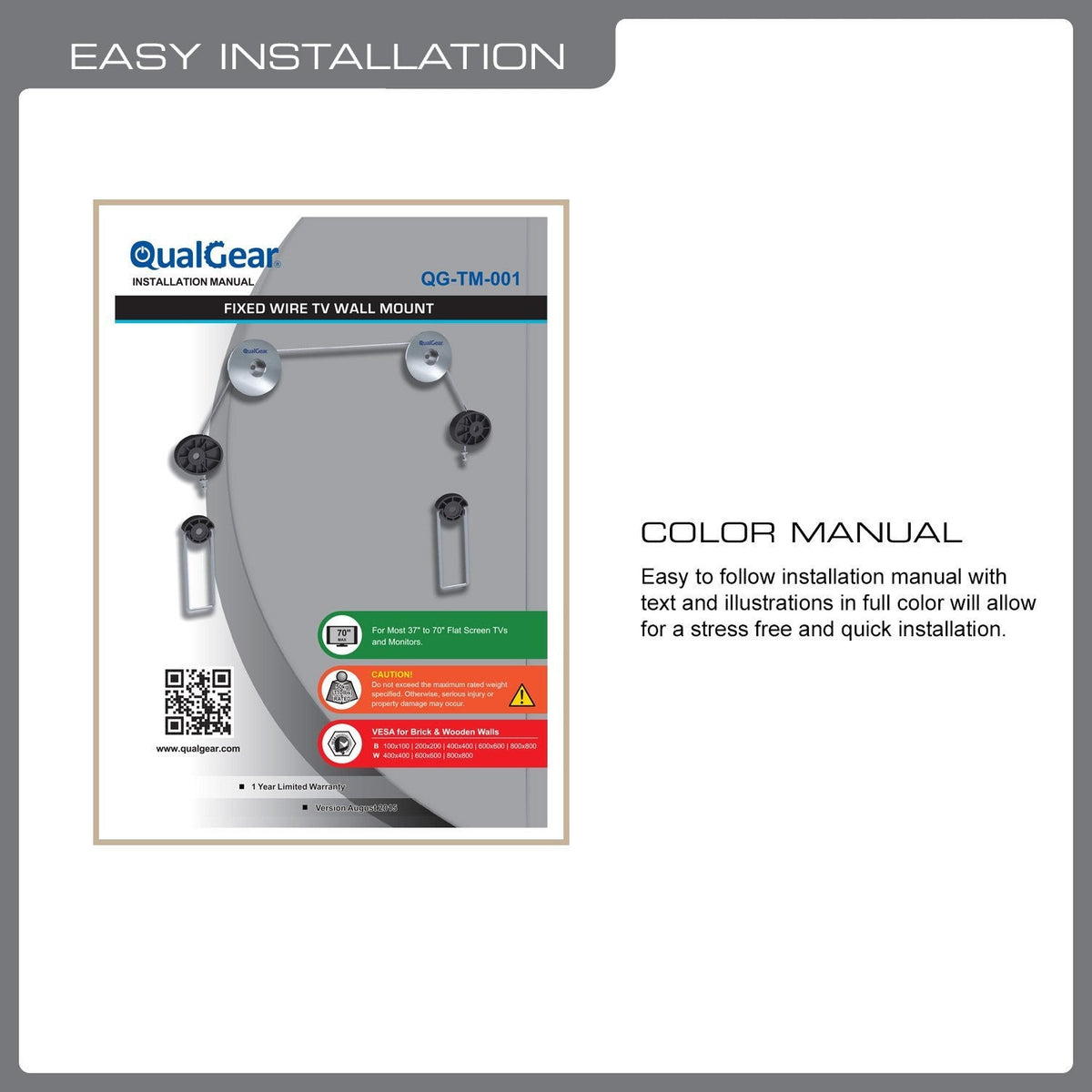 QualGear 37-70 in fixed wire rope tv wall mount stainless steel, shown installed.