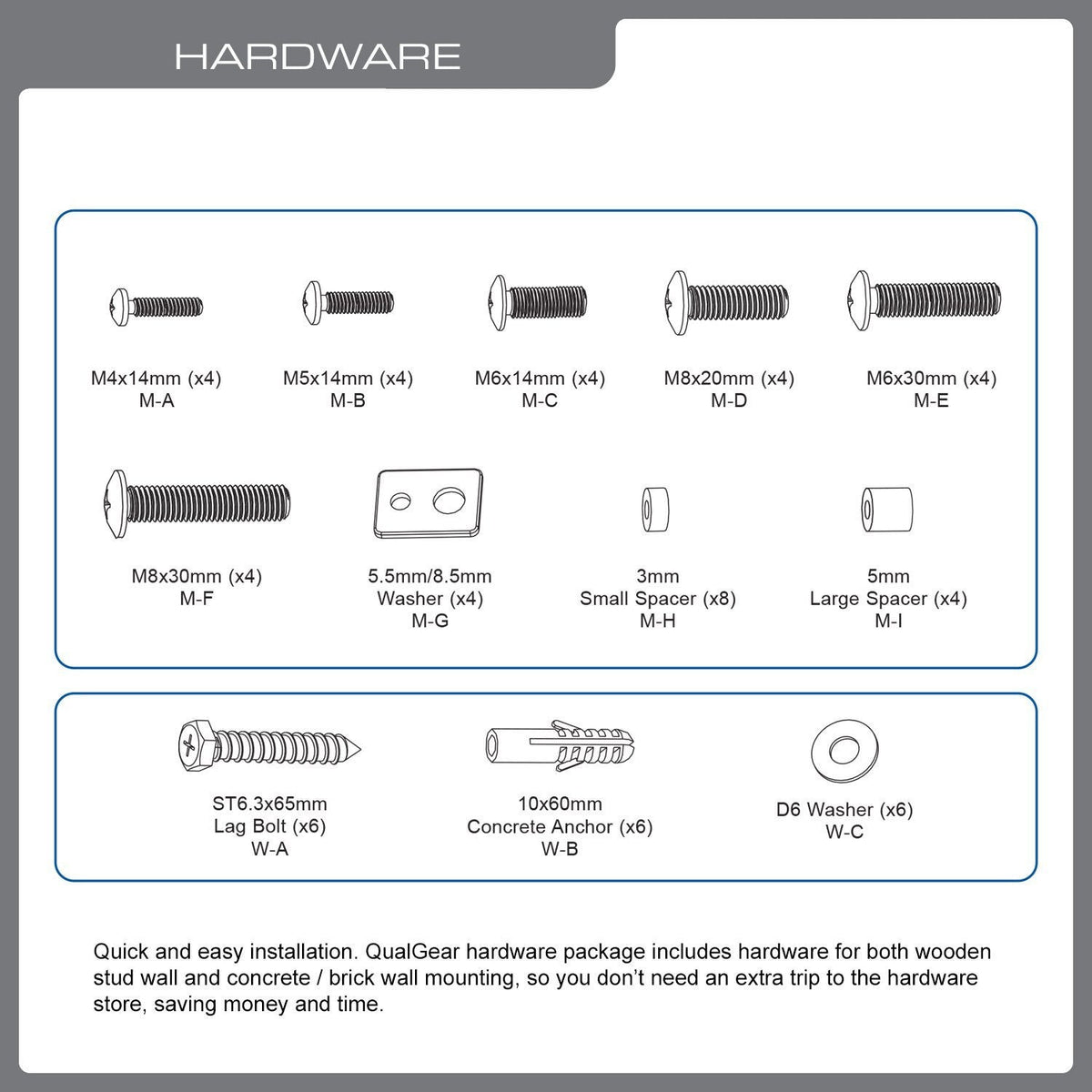 QualGear 37-70 in ultra slim fixed tv wall mount black, with included hardware.