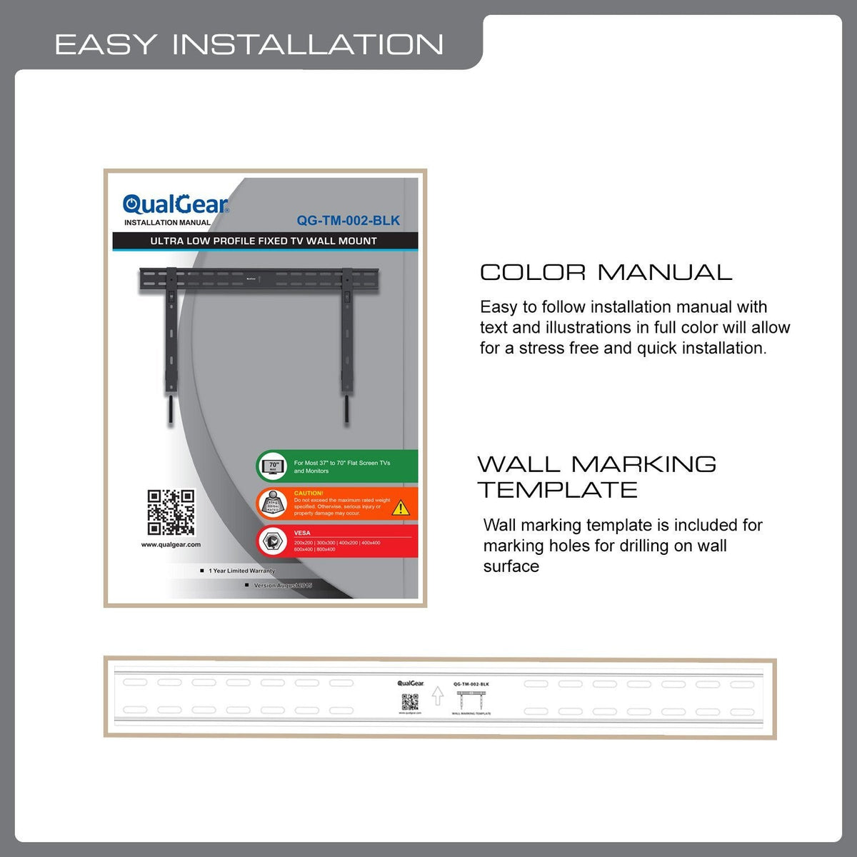 QualGear 37-70 in ultra slim fixed tv wall mount black, shown installed.