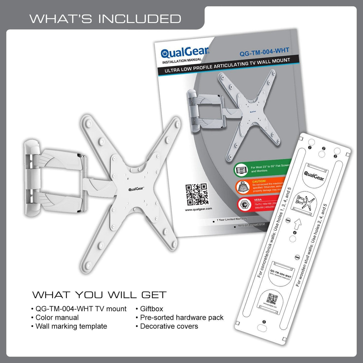 QualGear 23-55 in full motion tv wall mount low profile white, with included hardware.