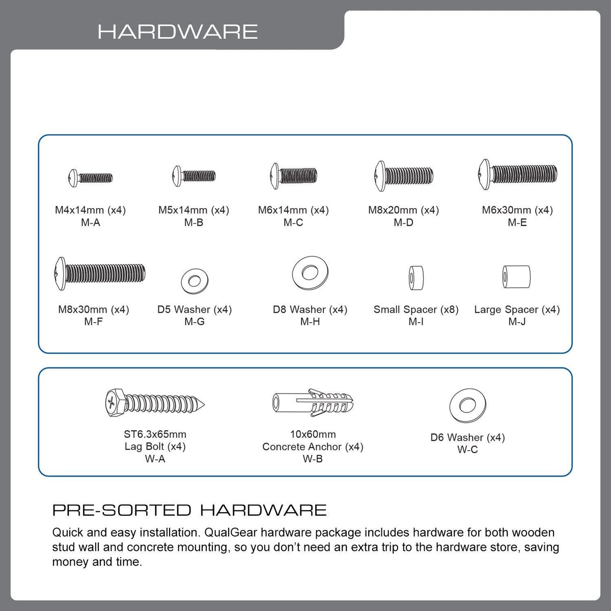 QualGear 23-55 in full motion tv wall mount low profile white, with included hardware.