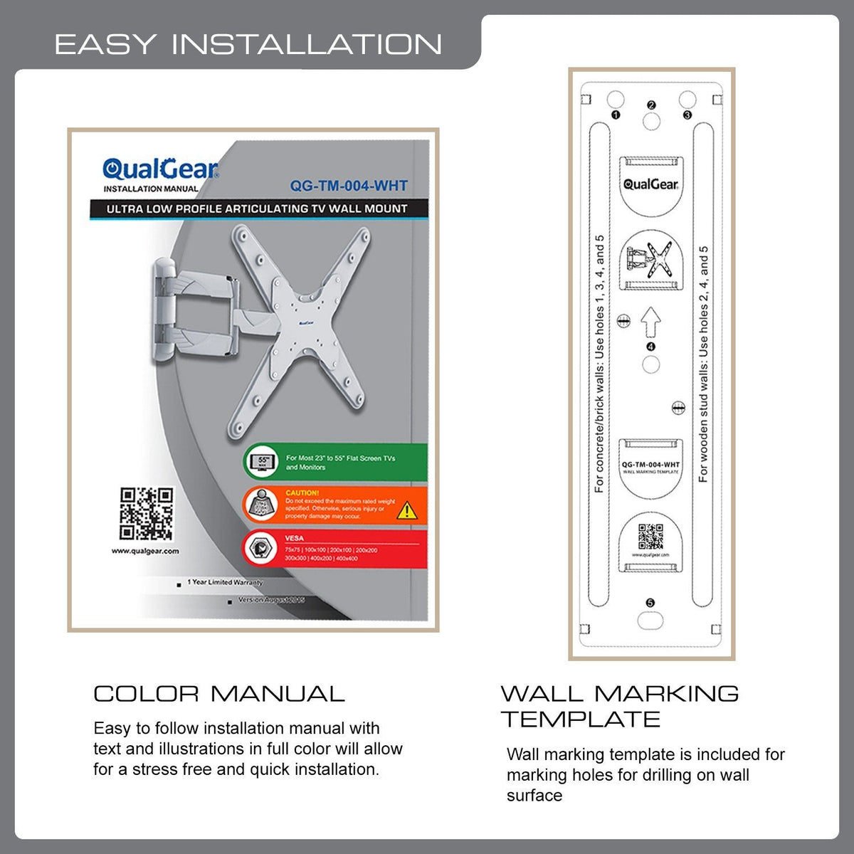 QualGear 23-55 in full motion tv wall mount low profile white, shown installed.