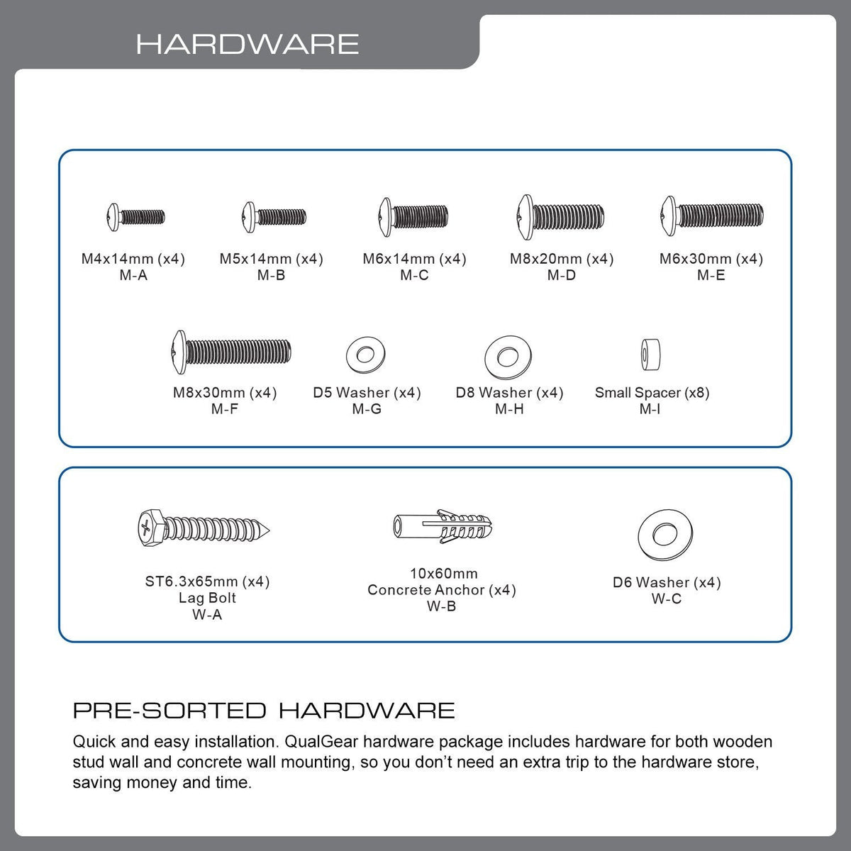 QualGear 23-42 in full motion tv wall mount low profile white, with included hardware.