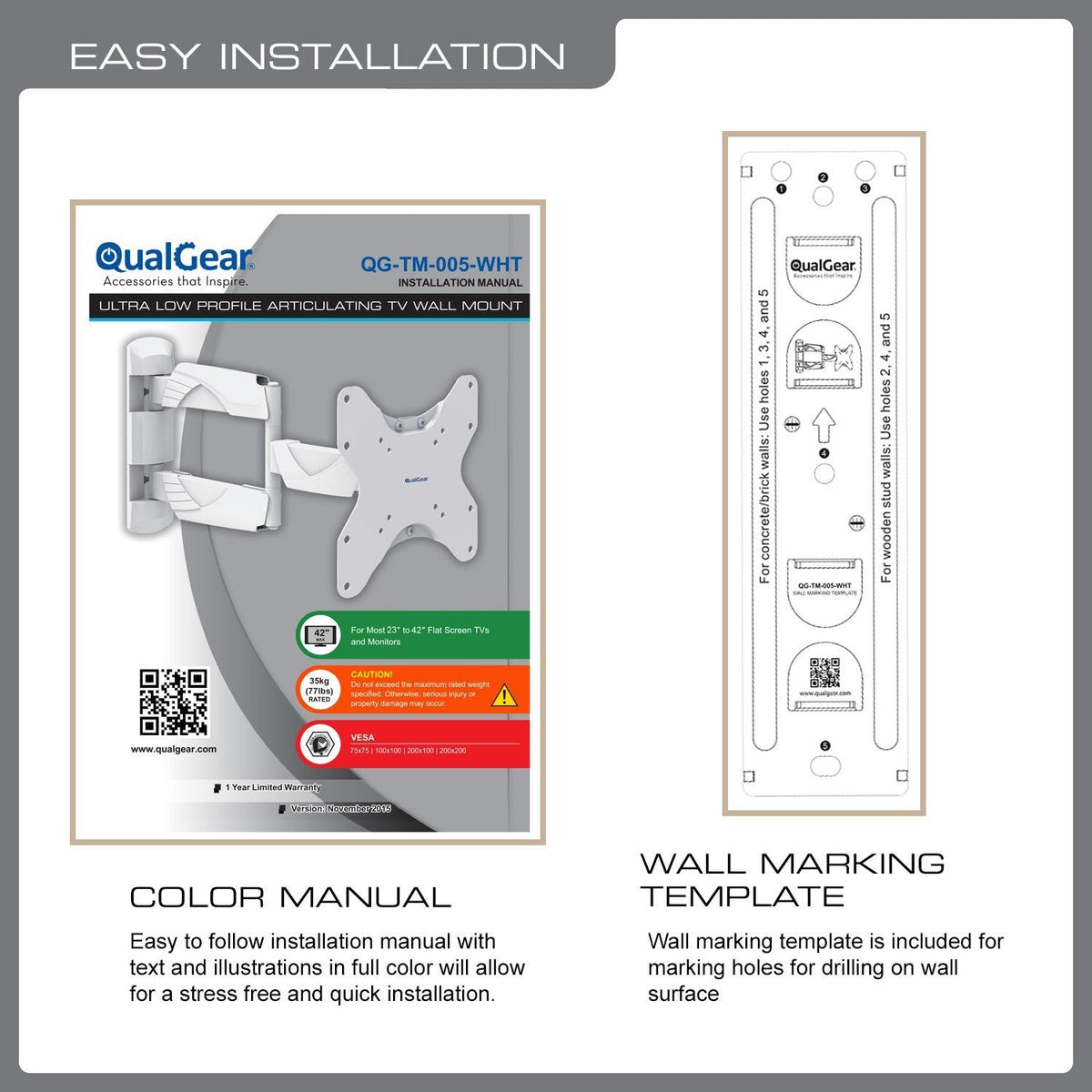 QualGear 23-42 in full motion tv wall mount low profile white, shown installed.