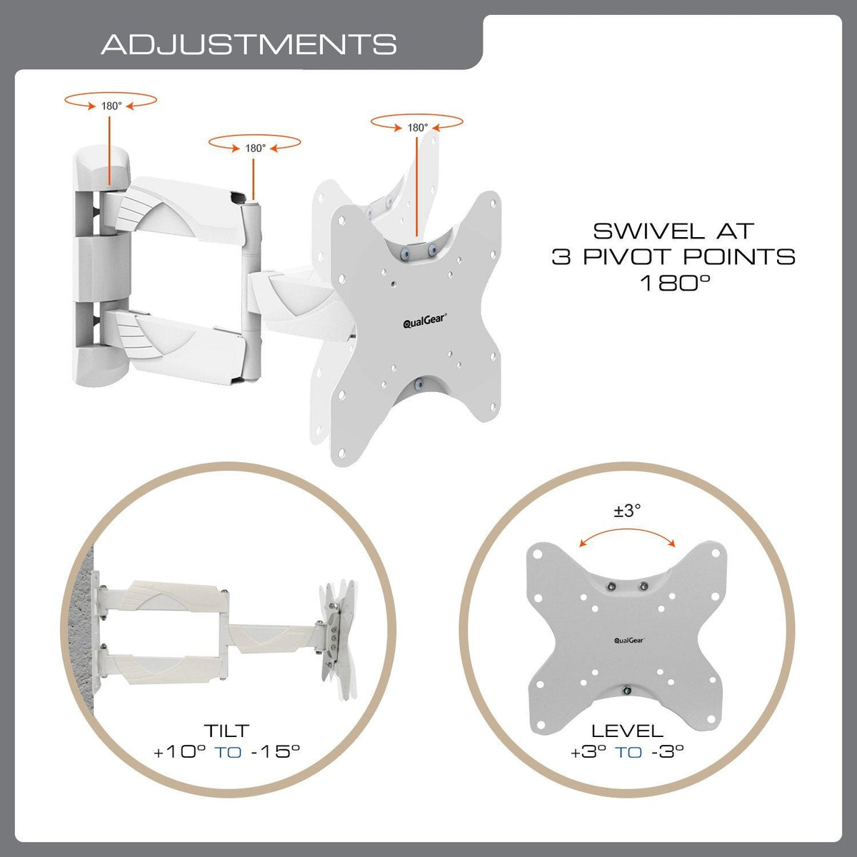QualGear 23-42 in full motion tv wall mount low profile white.