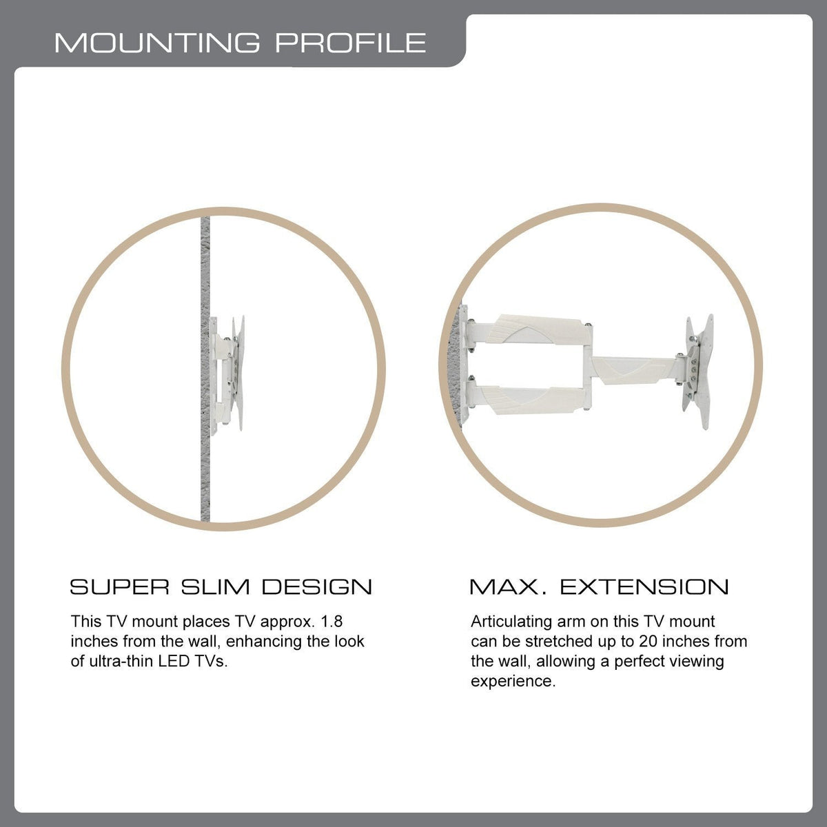 QualGear 23-42 in full motion tv wall mount low profile white, side view.