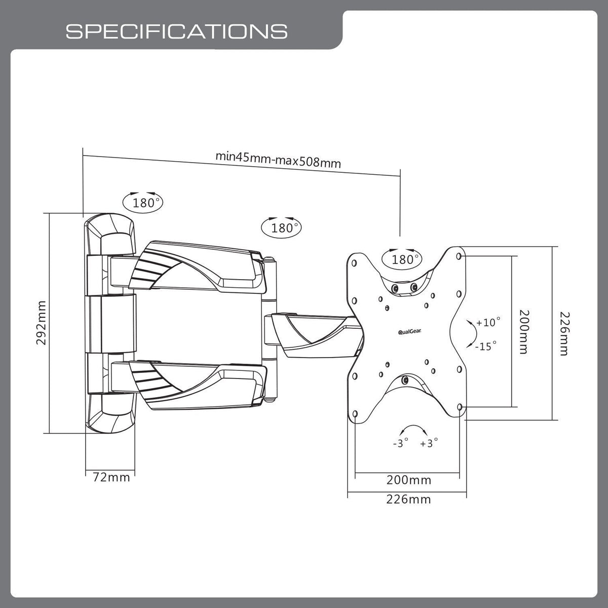 QualGear 23-42 in full motion tv wall mount low profile white, with dimensions.