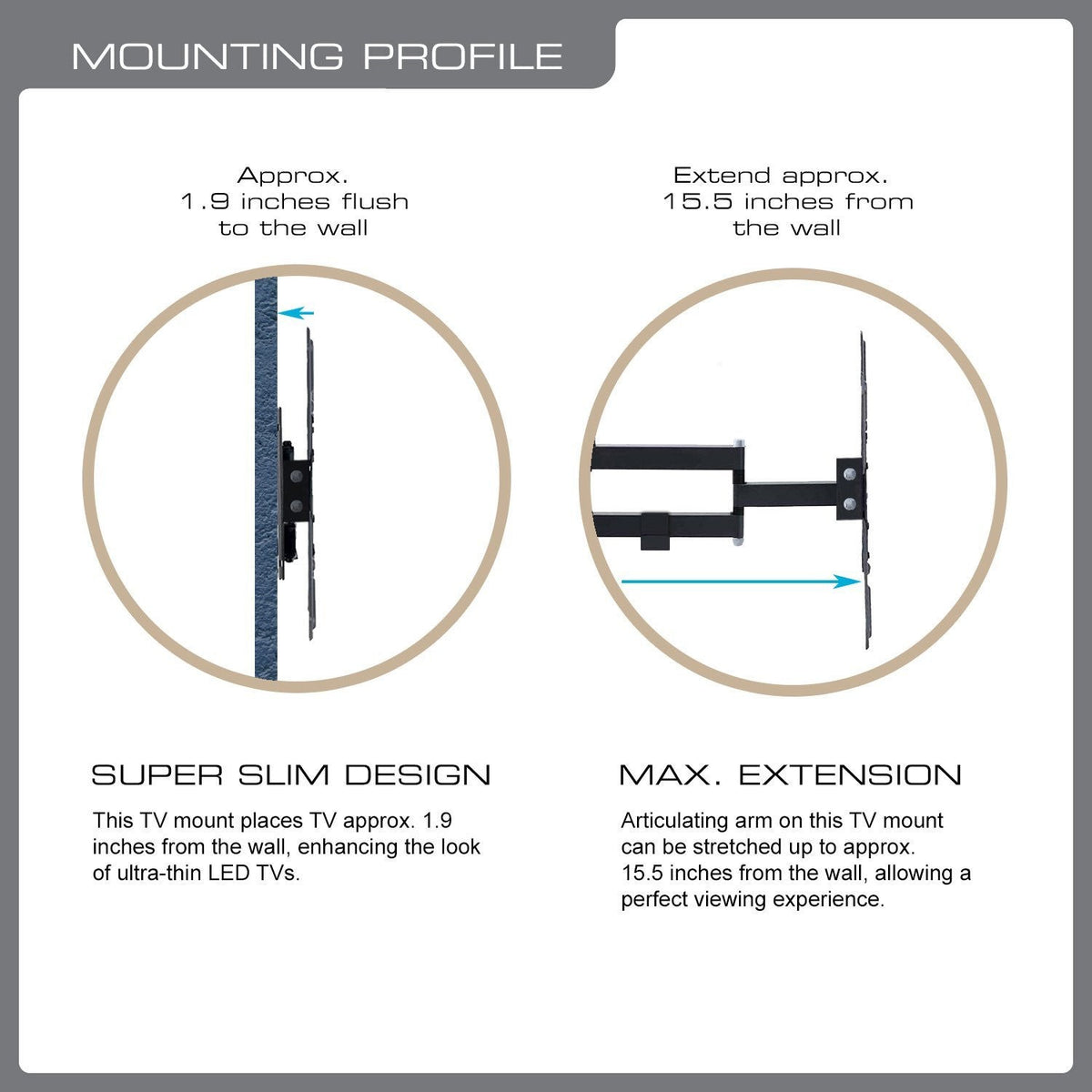 QualGear 23-42 in full motion tv wall mount with swivel arm black.
