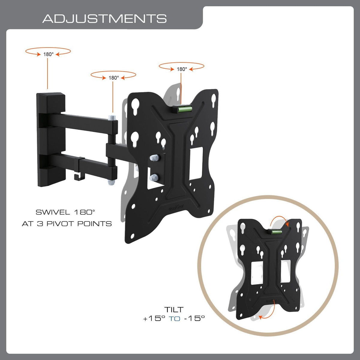QualGear 23-42 in full motion tv wall mount with swivel arm black.