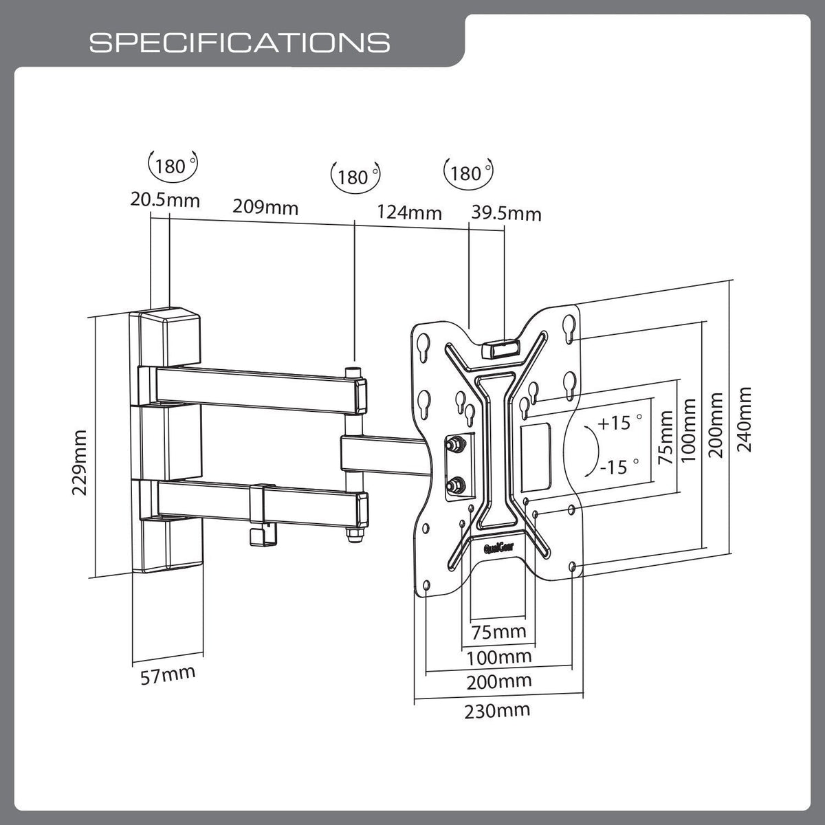 QualGear 23-42 in full motion tv wall mount with swivel arm black, with dimensions.