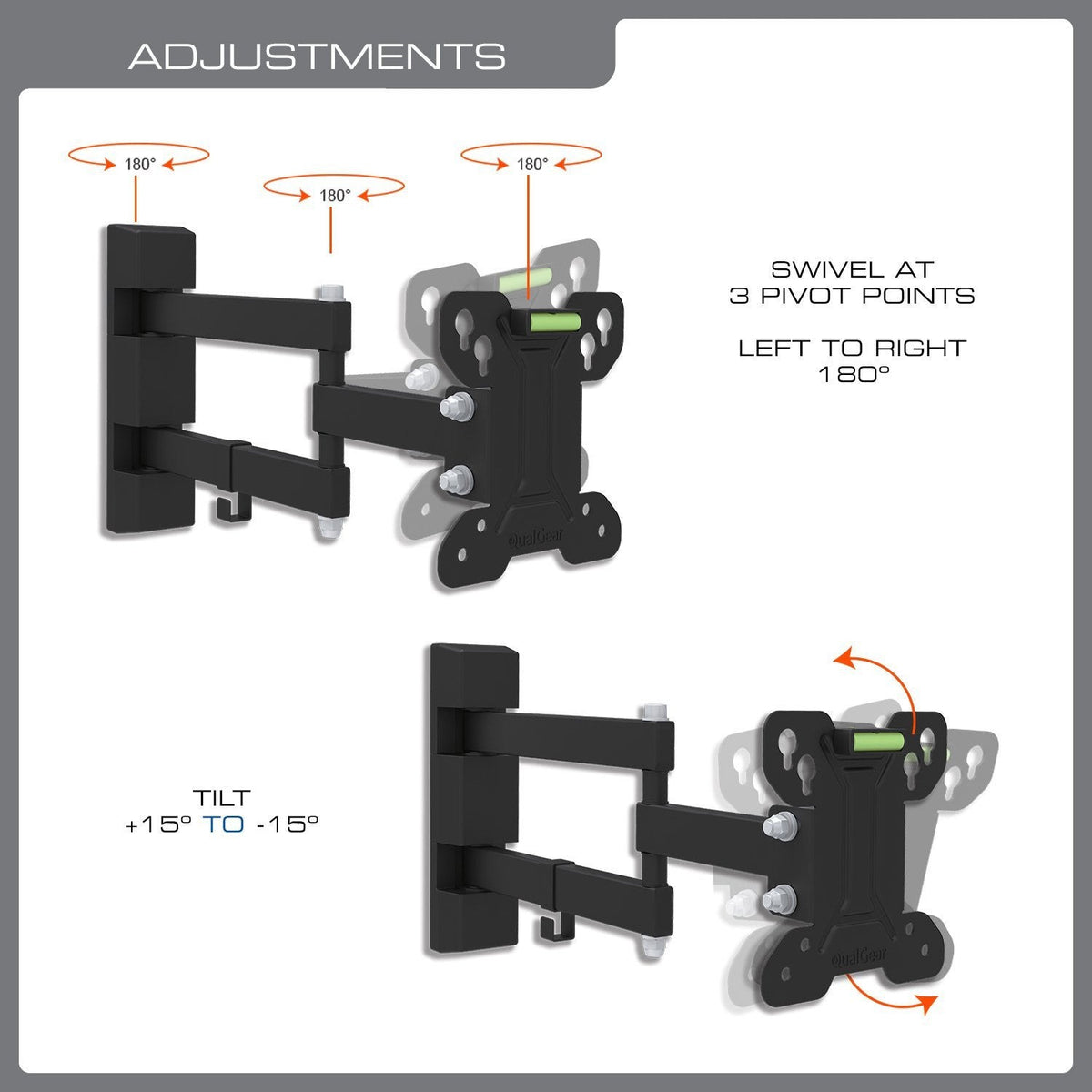QualGear 13-27 in full motion tv wall mount low profile black, close-up detail.