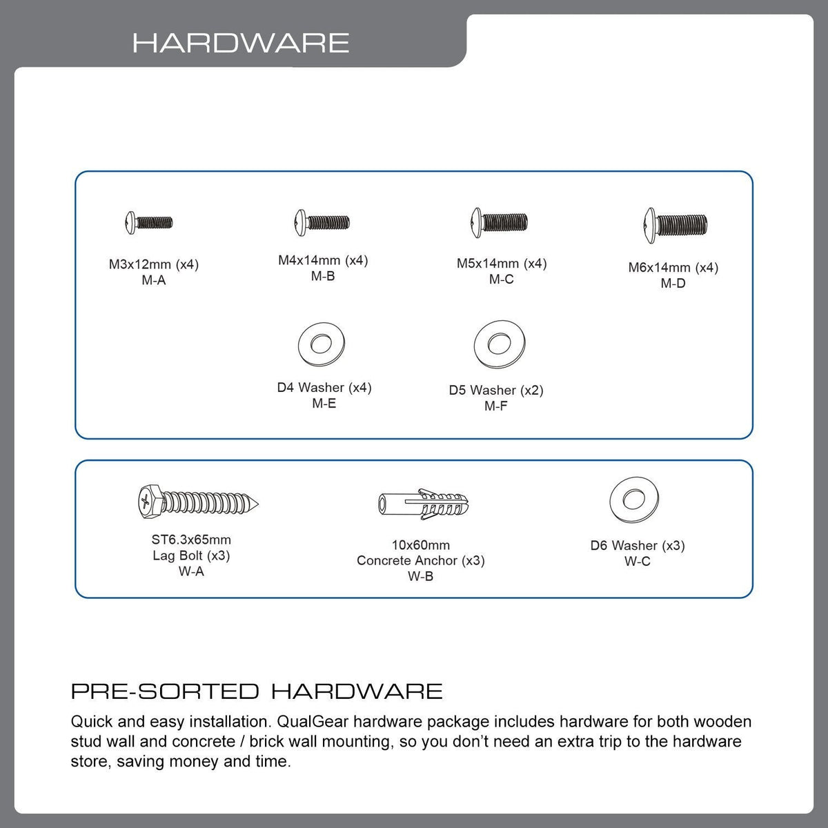 QualGear 13-27 in full motion tv wall mount low profile black, with included hardware.